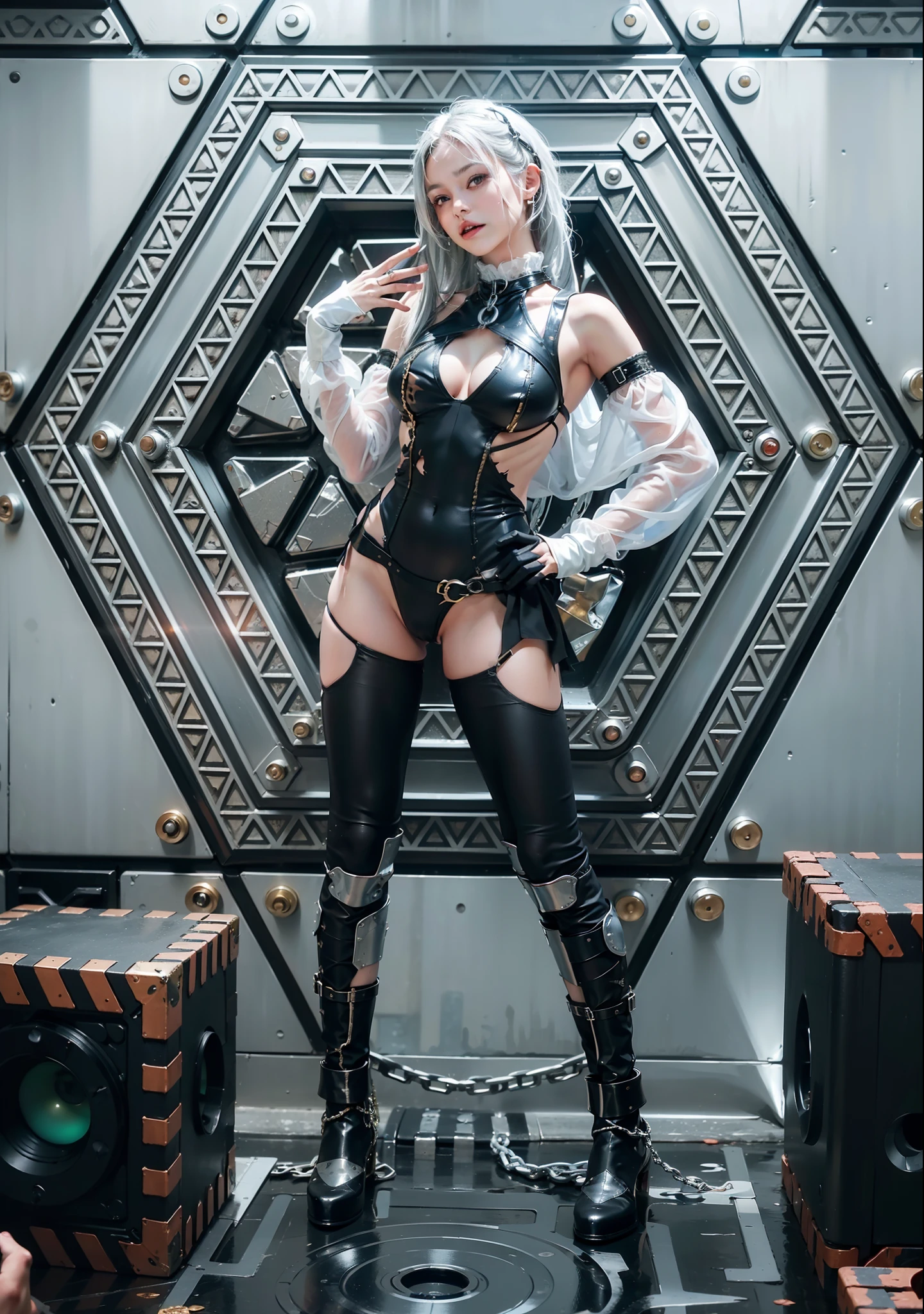 ,((Wearing a torn sheer costume of a superheroine)),(, No bra)), Wet crotch, Wet thighs, Beautiful girl with accentuated slender abs: 1.4, (((nipple tips protruding, areola is protruding, The shape of the pubic region is clearly visible)), sixpack abs: 1.4, Bust Botox, Photo, Sharpness, Unique 850 4, Koda850 k portrait camera, F1.6 shots, Ultra-realistic textures, Spectacular light textures, Cinestil 800 Fashion Mechanics, (futuristic sci-fi battle fashion: 1.1), (tied perfectly by chain), Restraint, Slaves, collars, ((wide prison with sunlight)), Dark fantasy, Realistic material details, extreme hight detail, Ultra-realistic materials ((Torn costume))), Wet, Cloudy, (Chained)), ((big emphasized by chains)), ((chains digging into crotch)), ( (Collar)), (, No bra), shredded costumes, broken golden shields and battle spears,, White combat gloves, Combat shoulder armor, Blood splattered on the face, Blood splattered, Realistic, (Bruises, Dirty, ripped clothing, skimpy clothing, Blood: 1.3),  Torn Cape, Torn pantyhose, Long legs, ((iron pipe in the crotch)), Metallic shackles and fetters, ((chains hung from heaven)), Wet crotch is clearly visible, Swarovski's sword and the anatomy beneath his feet, (futuristic sci-fi battle fashion, Torn mesh stockings),