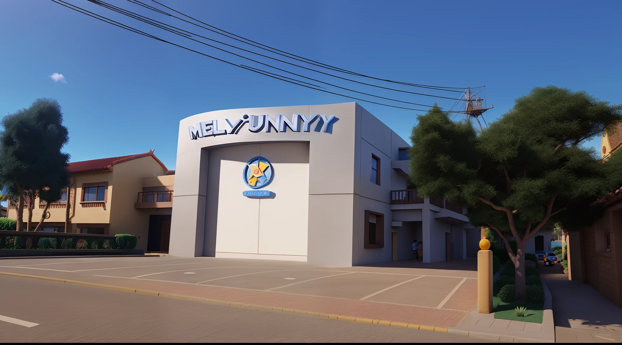 building on sunny day in Dinsey Pixar style, melhor qualidade