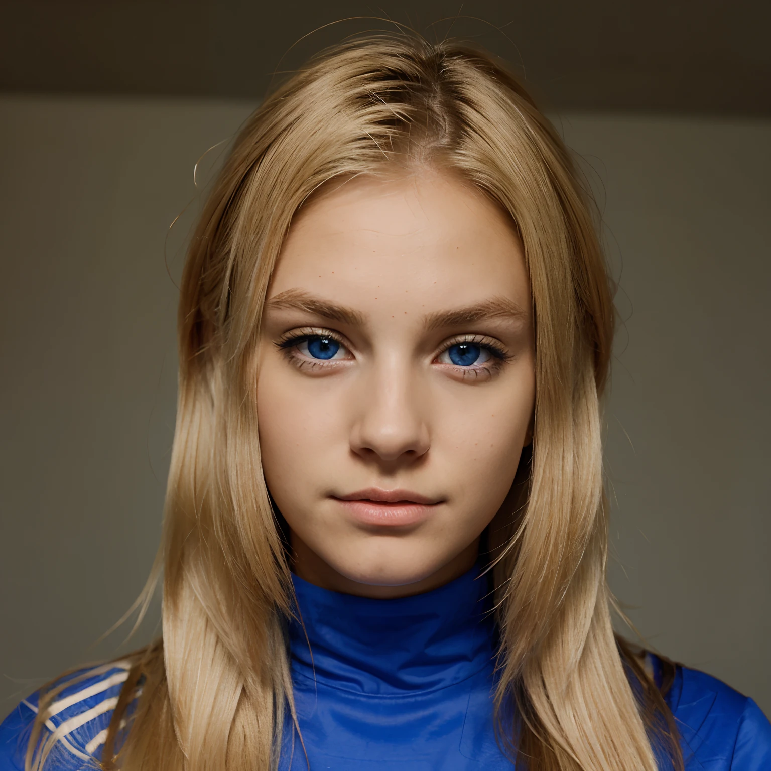 fille blonde habillée en tenue de sport rouge avec des yeux bleus dans une chambre blanche décorée