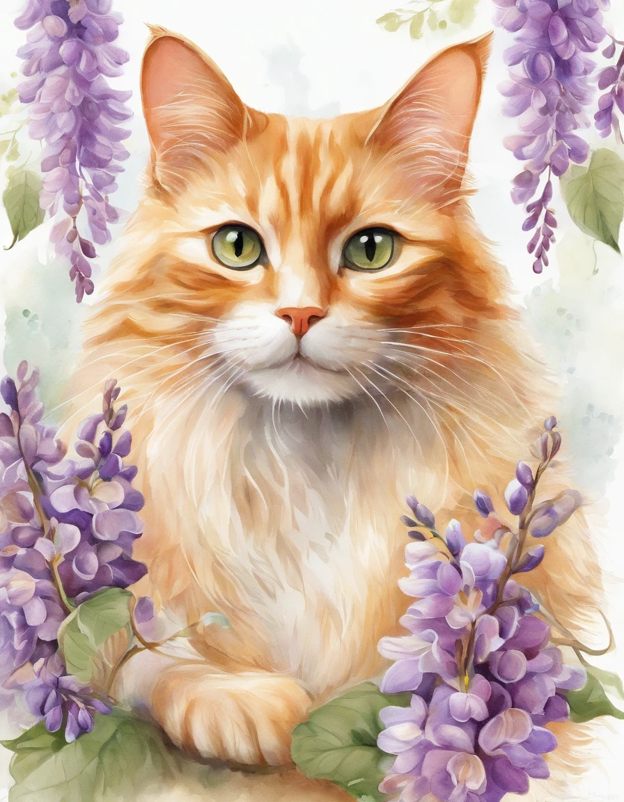 「It is a ginger cat and wisteria flower themed design。The fluffy fur of the ginger cat is depicted in detail、Wisteria flowers spread gracefully。Pale background and delicate light and dark、Bringing tranquility and beauty to design。It is a work that expresses the charm of ginger cats and the elegance of wisteria flowers.。Watercolor sublimation, Vector art, Illustration, Intricate details, Highly detailed, detaileds, 12K, High resolution, hyper HD