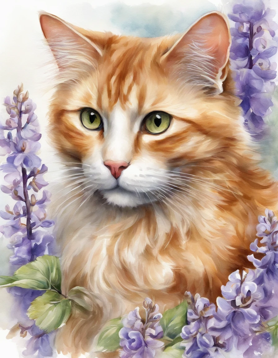 「It is a ginger cat and wisteria flower themed design。The fluffy fur of the ginger cat is depicted in detail、Wisteria flowers spread gracefully。Pale background and delicate light and dark、Bringing tranquility and beauty to design。It is a work that expresses the charm of ginger cats and the elegance of wisteria flowers.。Watercolor sublimation, Vector art, Illustration, Intricate details, Highly detailed, detaileds, 12K, High resolution, hyper HD