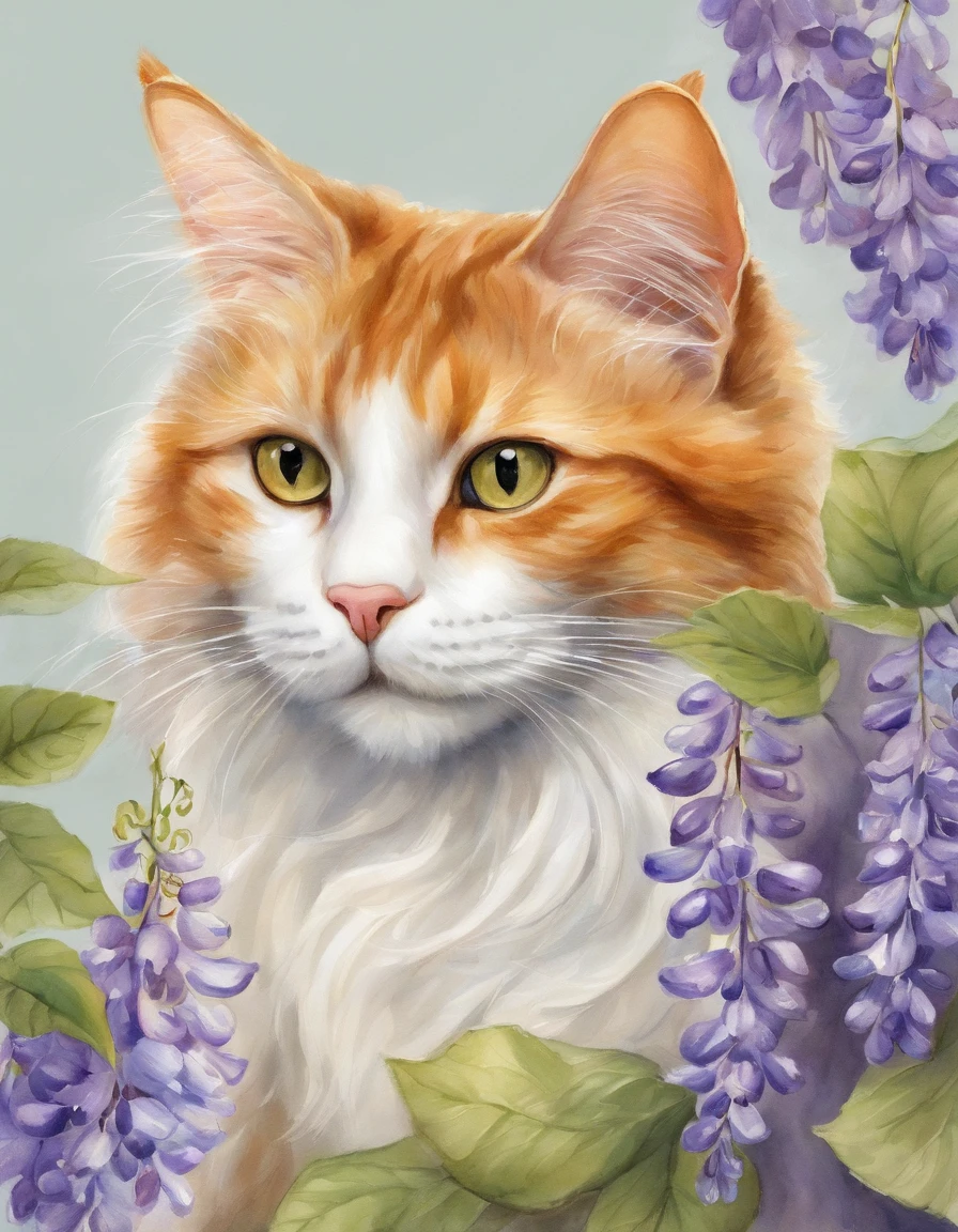 「It is a ginger cat and wisteria flower themed design。The fluffy fur of the ginger cat is depicted in detail、Wisteria flowers spread gracefully。Pale background and delicate light and dark、Bringing tranquility and beauty to design。It is a work that expresses the charm of ginger cats and the elegance of wisteria flowers.。Watercolor sublimation, Vector art, Illustration, Intricate details, Highly detailed, detaileds, 12K, High resolution, hyper HD