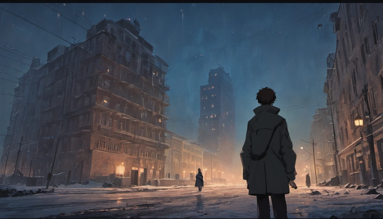 A man with a guitar stands in front of a post-Soviet building, under the night sky. The building showcases the architecture of the USSR era, with its distinct style and worn-out aesthetic. The atmosphere exudes a sad Russian vibe, reminiscent of the early 90s. The man portrays a doomer archetype, reflecting the feelings of melancholy and nostalgia. The scene is further enhanced by the presence of a post-apocalyptic wave, symbolizing the struggles of the past and the uncertain future. The prompt seeks to capture the essence of post-Soviet Russia, encapsulating the perestroyka period and the old vibe of the era. The image should have a high-quality, realistic, and ultra-detailed portrayal of the surroundings. The colors should be vivid, depicting the night ambiance with the interplay of shadows and lighting. The prompt aims to evoke a sense of longing and reflection through the combination of the man, the guitar, the buildings, and the overall atmospheric setting.