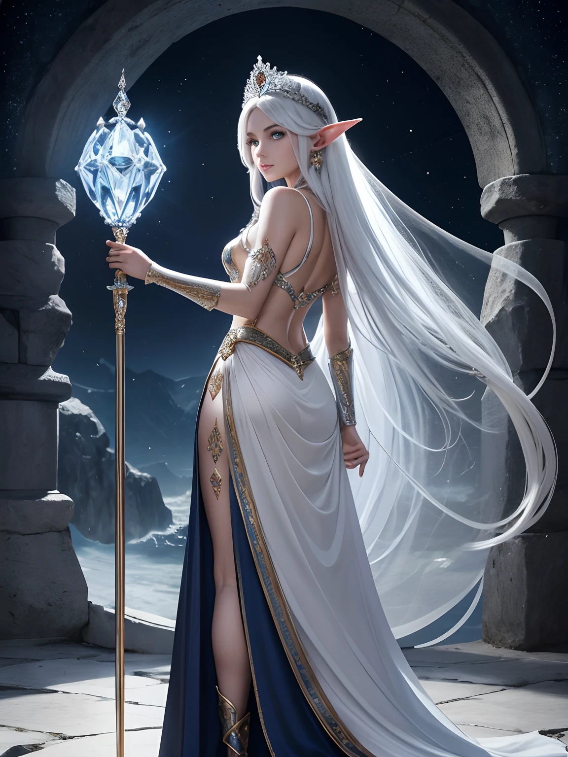 Full Body View Elf Female Magician, pale skin, cabelos brancos grisalhos, Olhos cianos, boca rosa, ears back, tiara com joias azuis na testa, vestida em uma armadura metalica estilo elfico e celestial dourada e preta, with a staff in his right hand, Metallic and white gold, com um cristal azul ciano na ponta e uma magia fluindo, um castelo no fundo