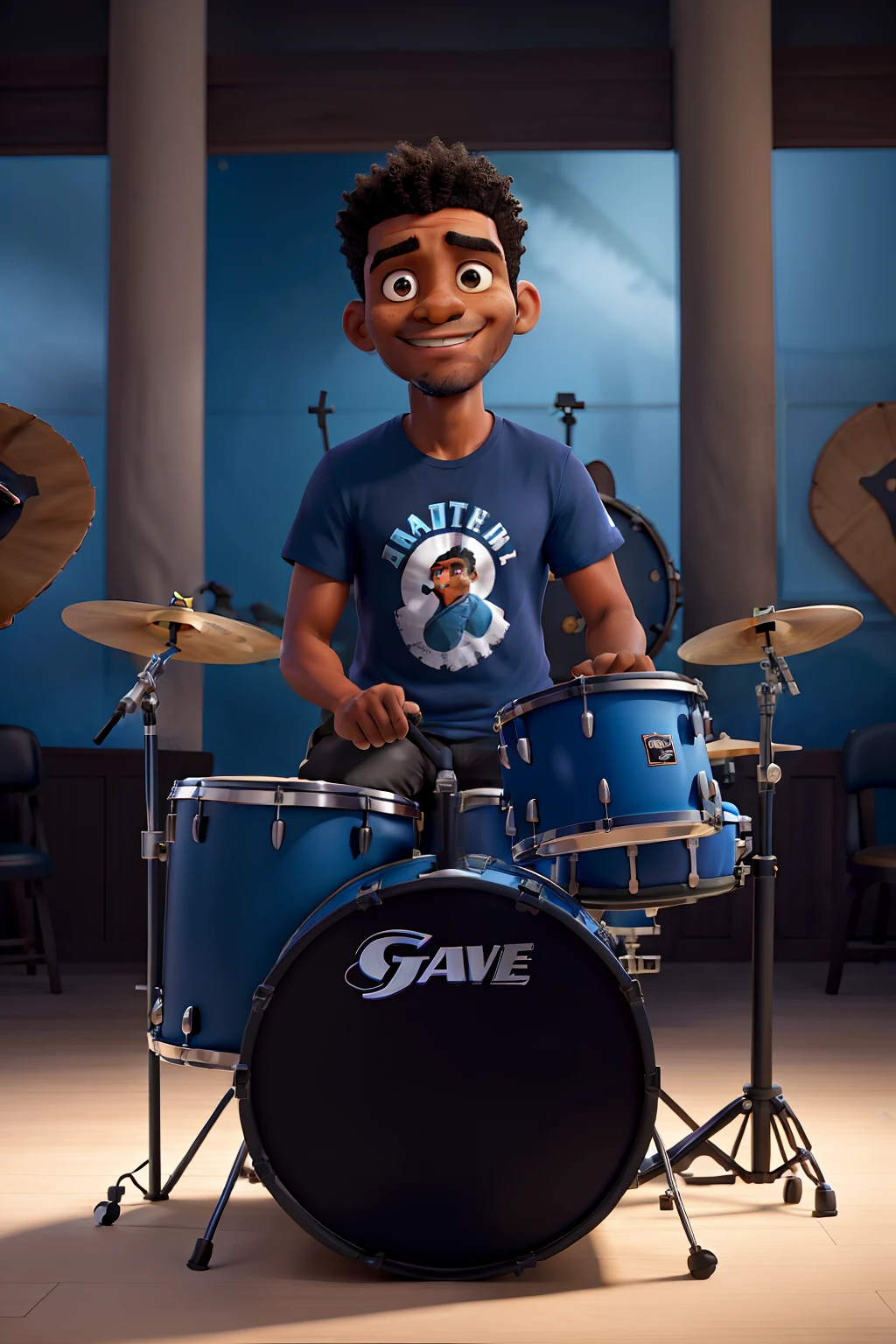 Baterista negro cabelo liso, With blue t-shirt written eagles, Playing drums in church inside a drum glass aquarium, com fone de ouvido, com cabanhaque e bigode