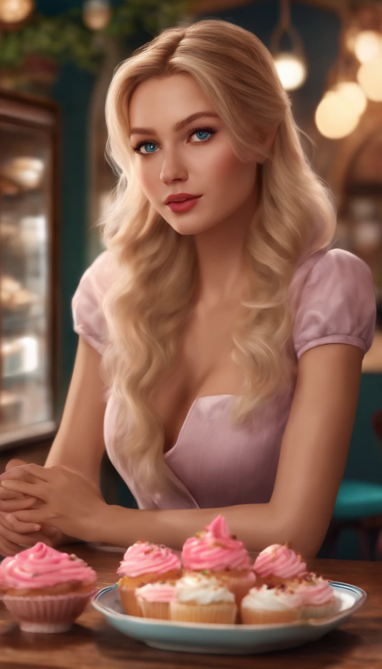 Danfeng Eyes,waitress,The upper part of the body,blonde hair,ponytail hair,Cold eyes,solo person,orthofacial,frontage,diner background,Highly saturated colors,Hyper Real,8K high-definition,holding a pink cupcake,Absolutely beautiful,high light,plethora of colors