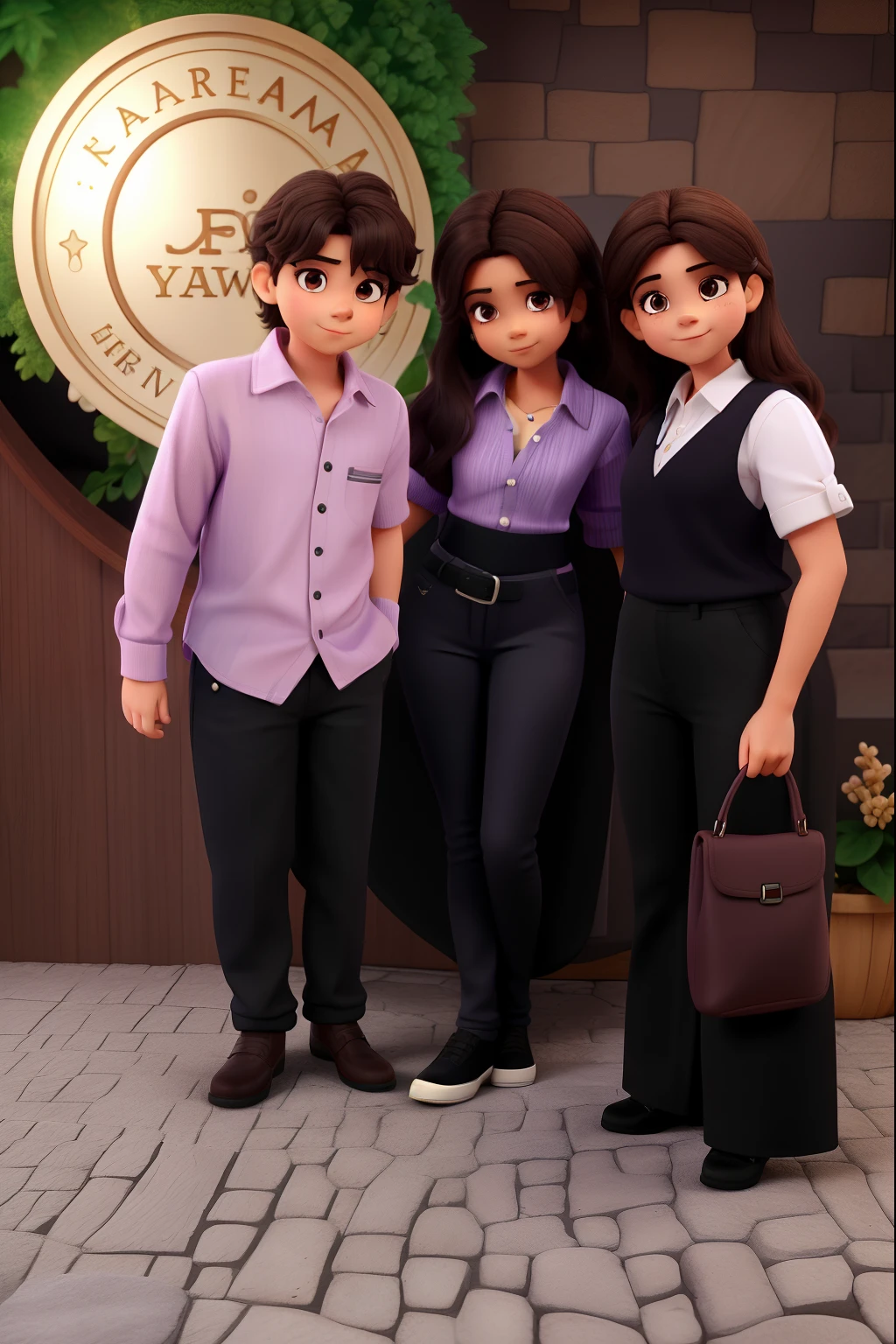 A young boy with dark brown hair dressed in a lilac shirt and black jeans, uma jovem e linda de cabelo preto longo vestida com uma beca de formatura, uma menina linda e loira vestida com um vestido preto
