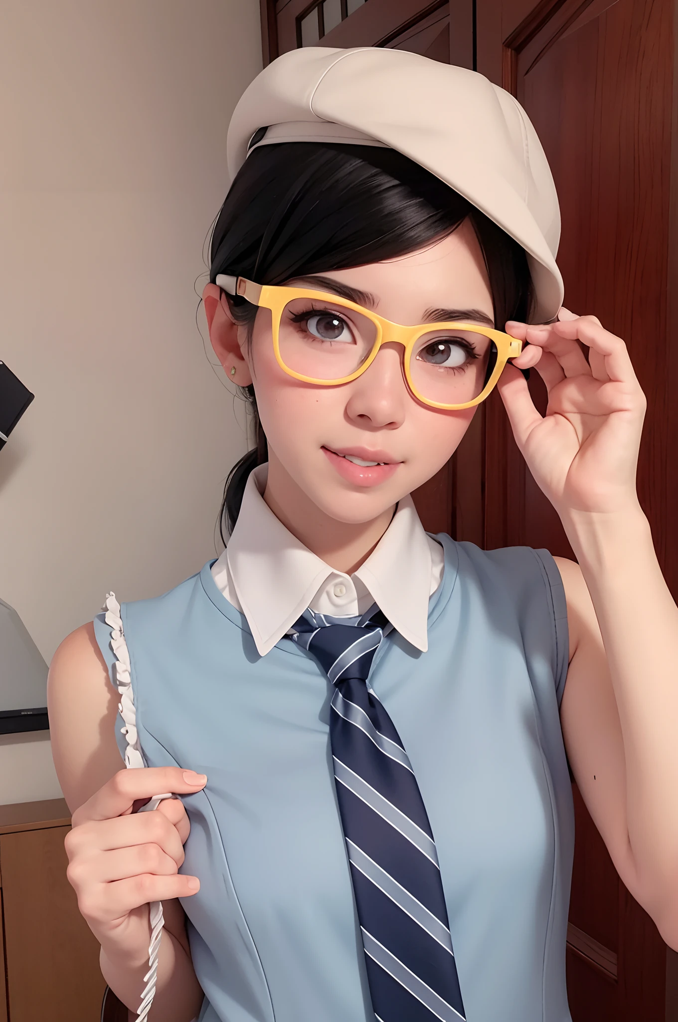 there is a woman wearing glasses and a hat and a tie, anime girl cosplay, magical school student uniform, with glasses, nerdy appearance, belle delphine, with square glasses, professional cosplay, anime cosplay, japanese girl school uniform, cute slightly nerdy smile, nerdy, nerdy glasses, hyperrealistic schoolgirl, smooth white tight clothes suit, high quality costume, glasses glasses
