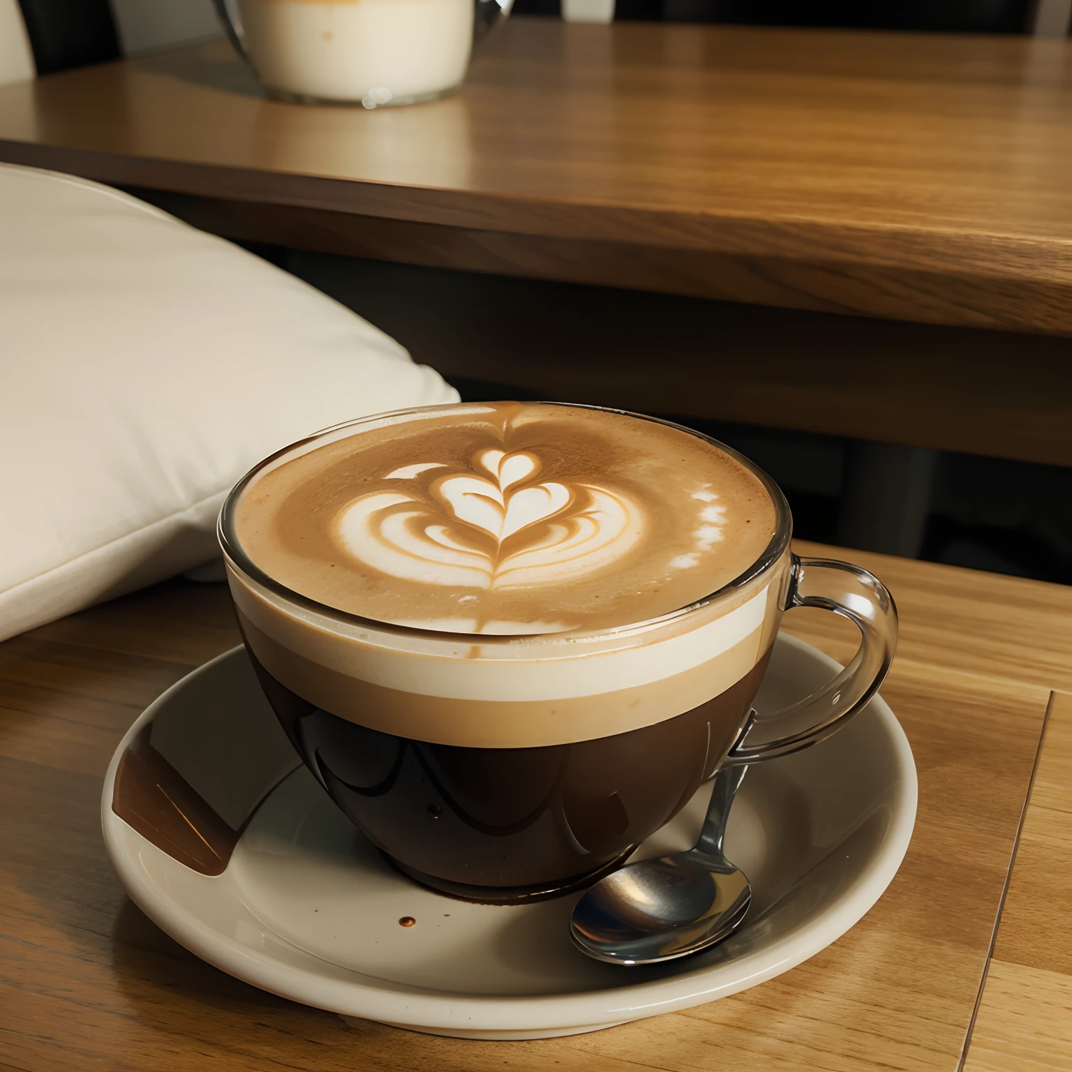 A glass of cappucino coffee in the table with aestethic view, lomo, and some toy in side of the cup of coffee