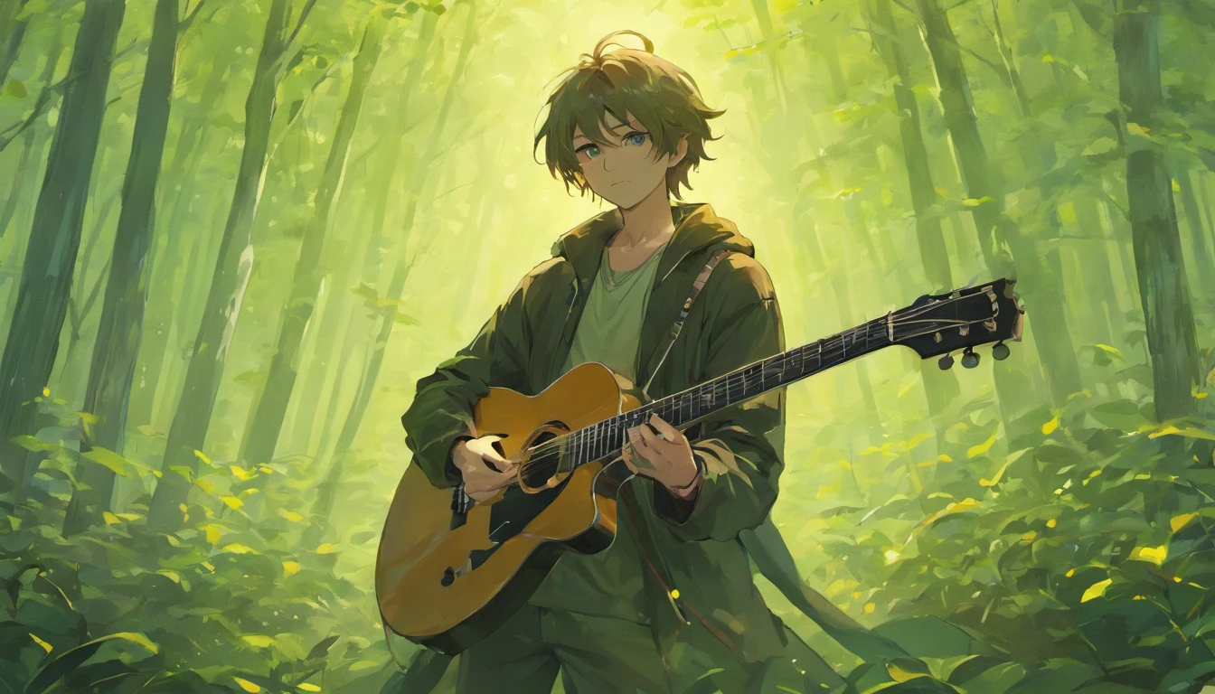 "man with long hair,man with guitar,guitar,in the forest,playing guitar,beard,like Egor Letov,Egor Letov,siberian rock,(best quality,4k,8k,highres,masterpiece:1.2),ultra-detailed,(realistic,photorealistic,photo-realistic:1.37),portraits,vivid colors,studio lighting"