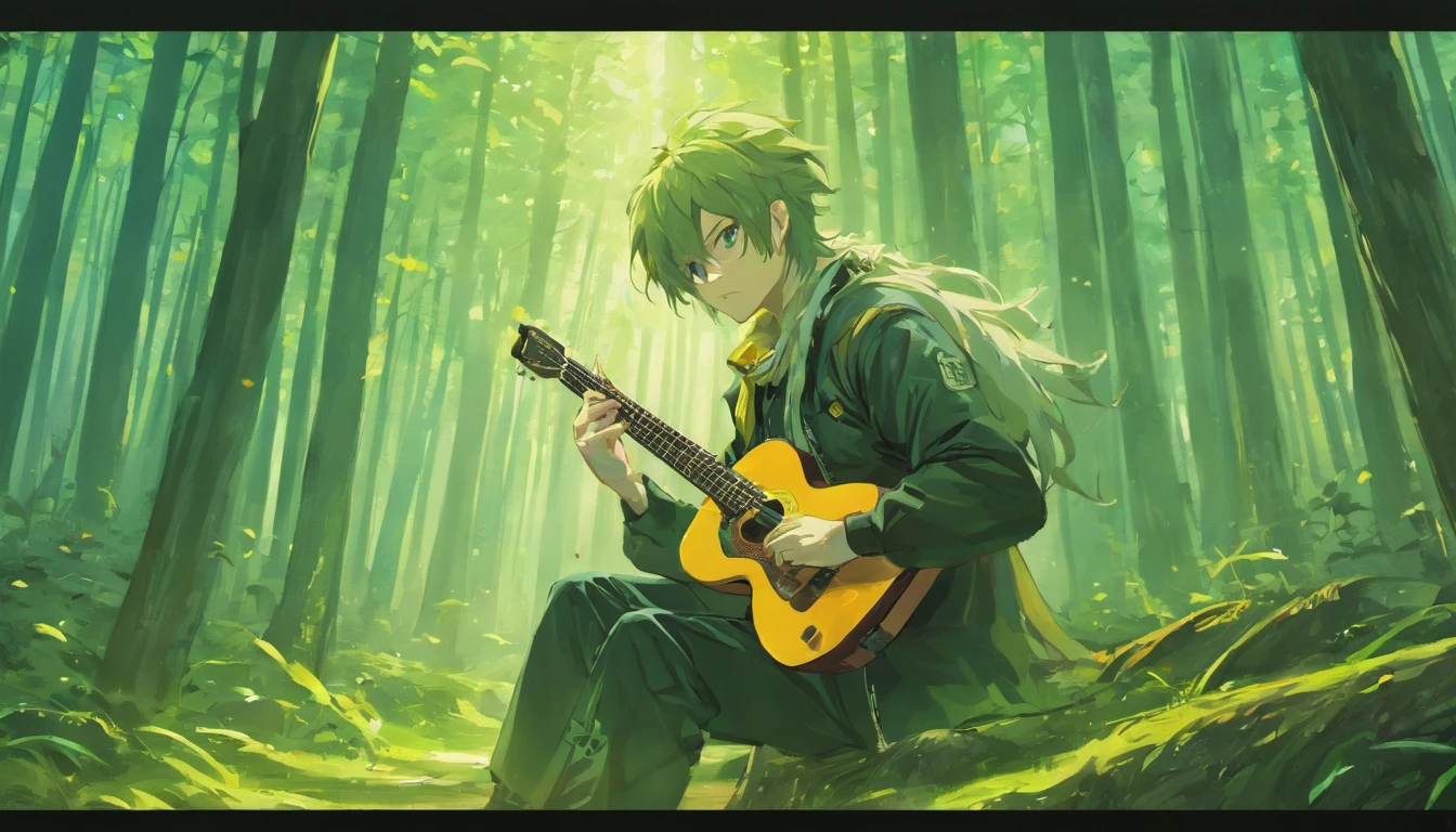 "man with long hair,man with guitar,guitar,in the forest,playing guitar,beard,like Egor Letov,Egor Letov,siberian rock,(best quality,4k,8k,highres,masterpiece:1.2),ultra-detailed,(realistic,photorealistic,photo-realistic:1.37),portraits,vivid colors,studio lighting"