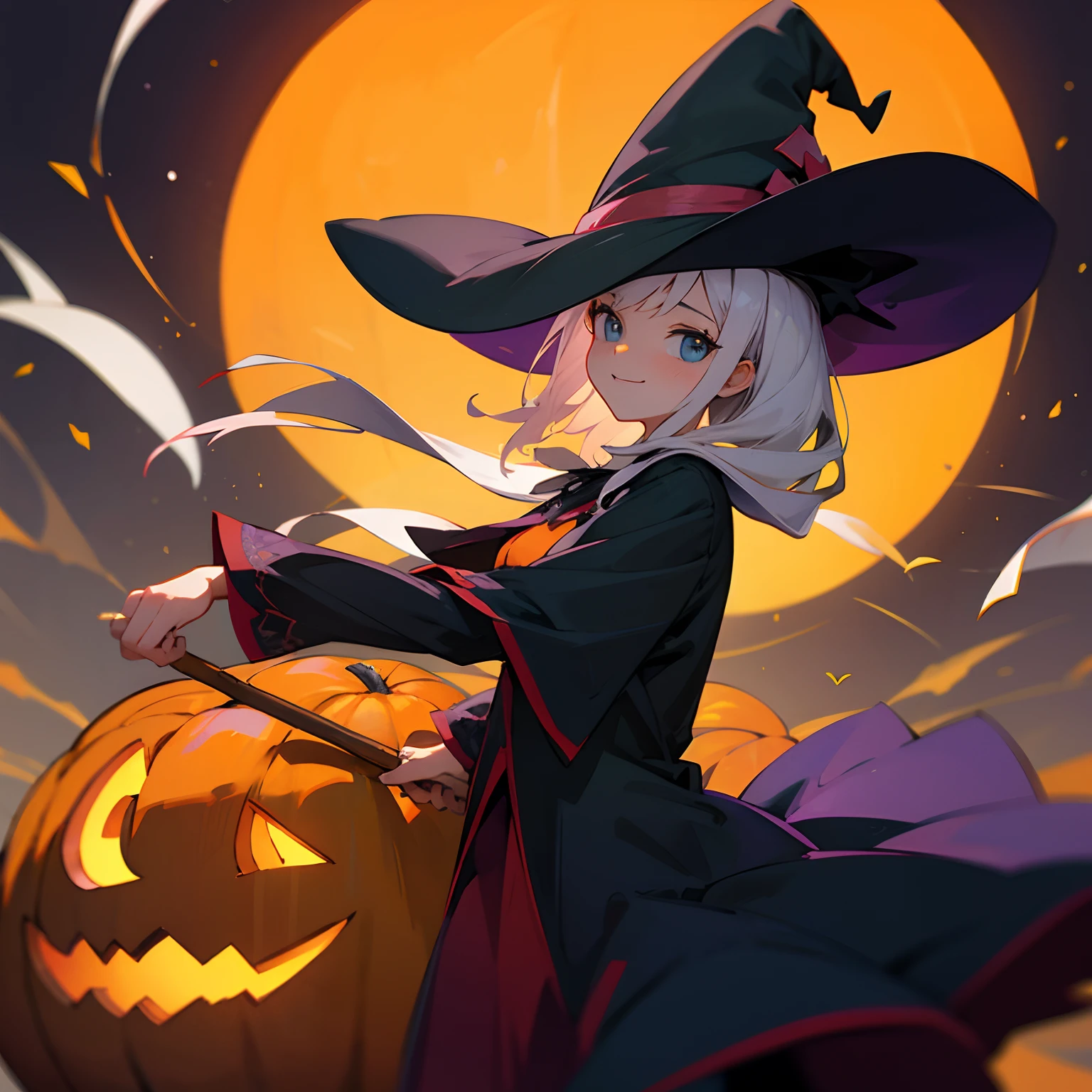 Jack Lantern、Obake pumpkin、Witch with a huge jack-lantern on her head、High Definition Pumpkin、Large pumpkin、She holds a large amount of pumpkin in both hands、Cat ears and witch's hat、Magenta Hair Witch、Sorcerer、Magic broom、angry,Smile、Naughty face、extremely detailed eye、Face Focus、An ultra-high picture quality、Motion Picture Film、Dynamic Angle、top-quality、nigh sky、shooting stars、High-definition background、Motion Picture Film、Enveloped in pale light, She sits on a magic broom and flies through the air、Depth of subject
