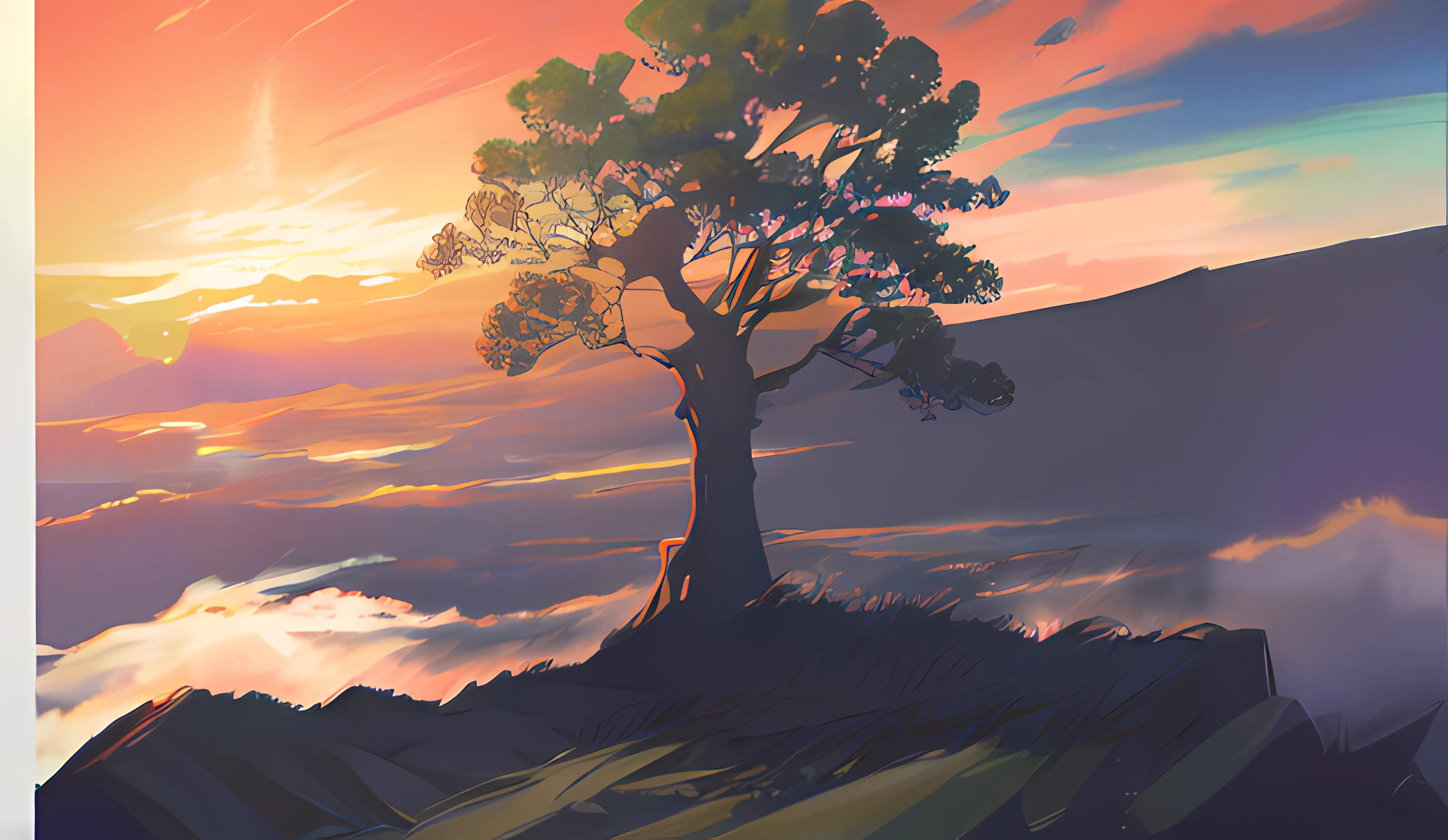 there is a painting of a tree on a hill with a sunset in the background, by sylvain sarrailh, low detailed. digital painting, inspired by sylvain sarrailh, scenery artwork, ilya kuvshinov landscape, ross tran. scenic background, sunset illustration, style of aenami alena, makoto shinkai cyril rolando, anime landscape