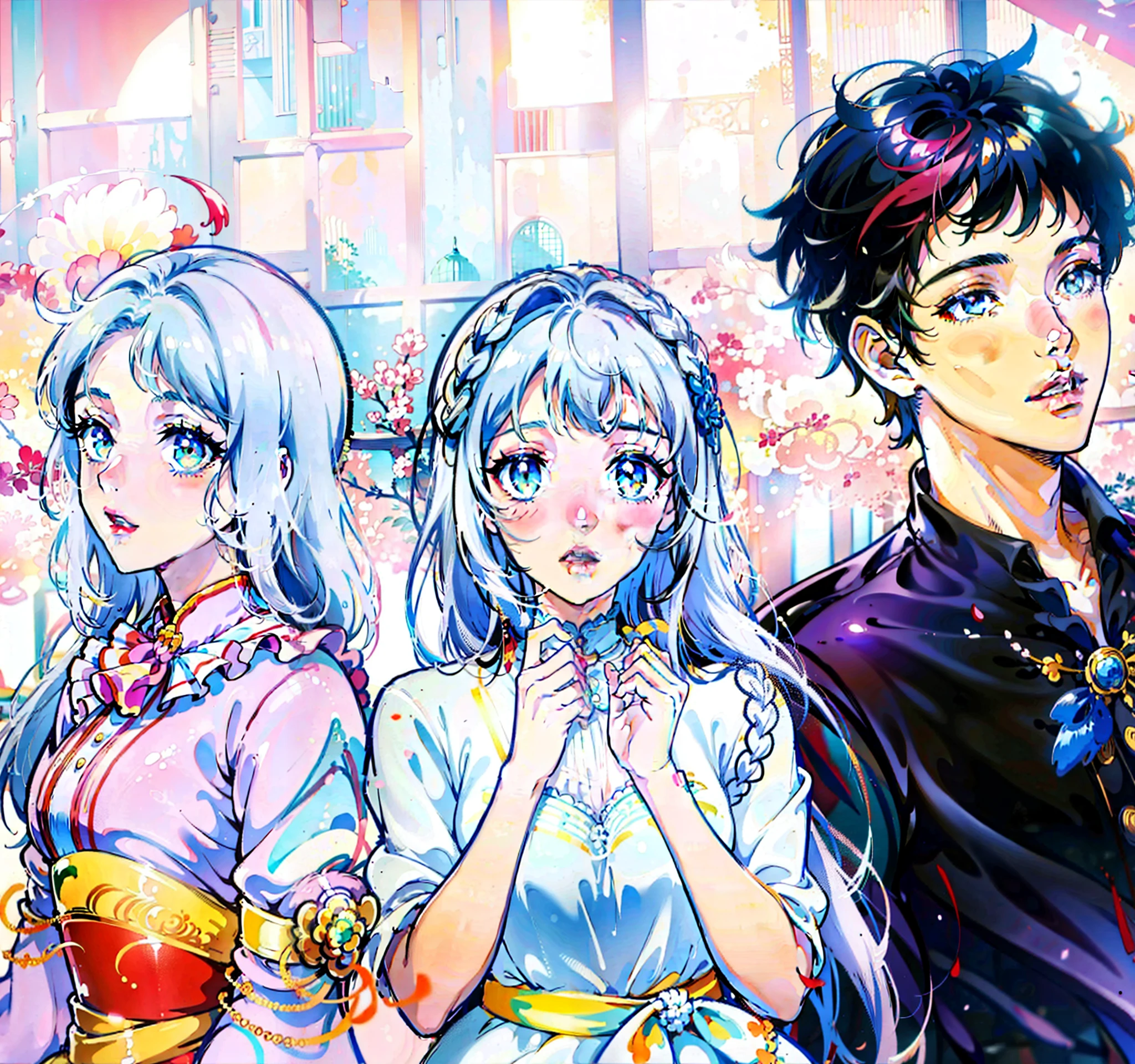 anime characters dressed in hijabs and hijab clothing, high quality fanart, in an anime style, in anime style, detailed fanart, realistic!!, official fanart, in manga style, semi realistic anime, flat anime style shading, digitally colored, anime art style, realistic picture, vector shaded anime, in japanese anime style, inspired by Fathi Hassan, in an anime,best quality, photorealistic, 2girl, 1man,man and woman,(skindentation), medium breast, (bright), (professional lighting, bokeh), (street), people, crowds, braided bangs, (blouse:1.5), (portait:0.8), gorgeous, bloom, floating hair, (dynamic pose:0.6) , soft lighting, detailed clothes, soft shading,
