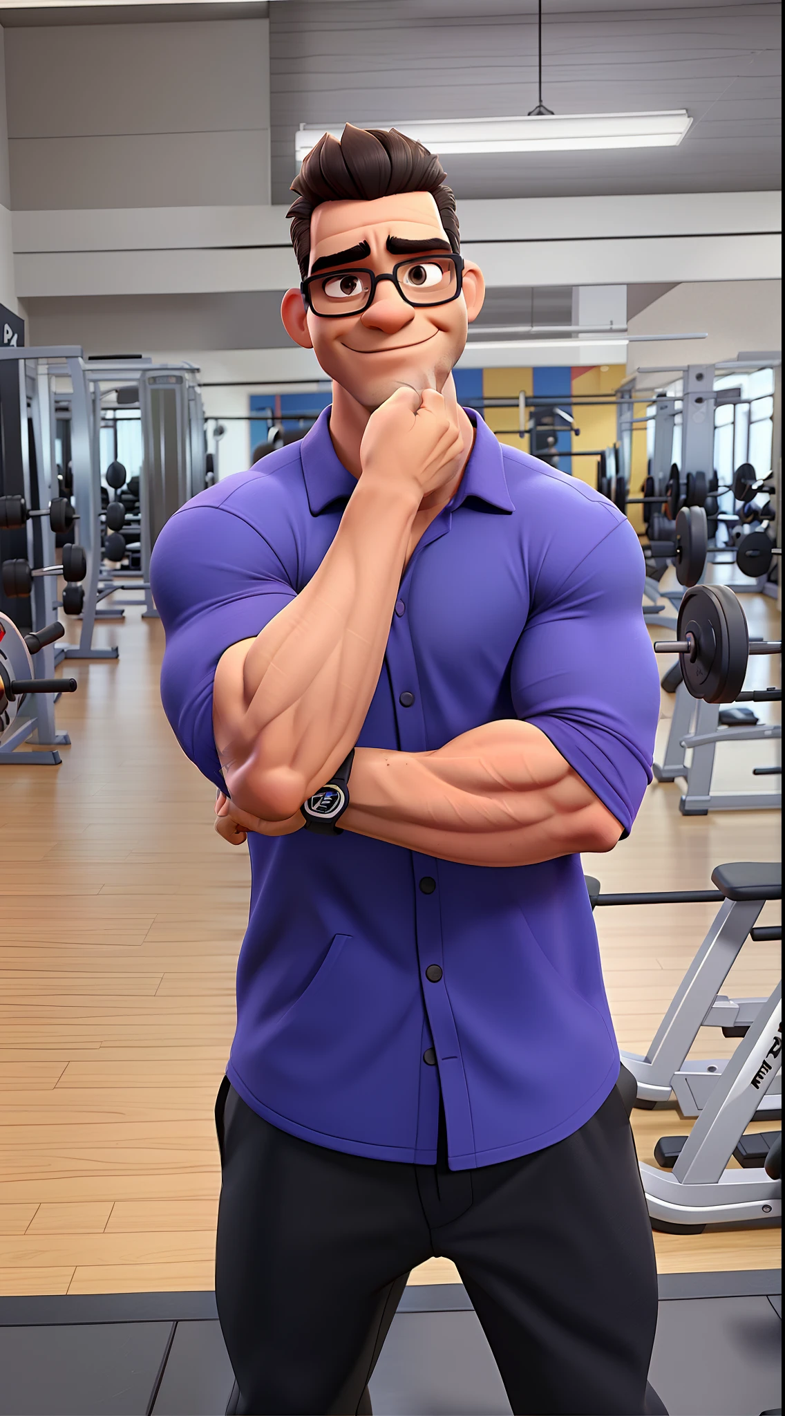 A man inside a bodybuilding gym, black glasses, serious guy, estilo disney pixar, alta qualidade, mais alta qualidade
