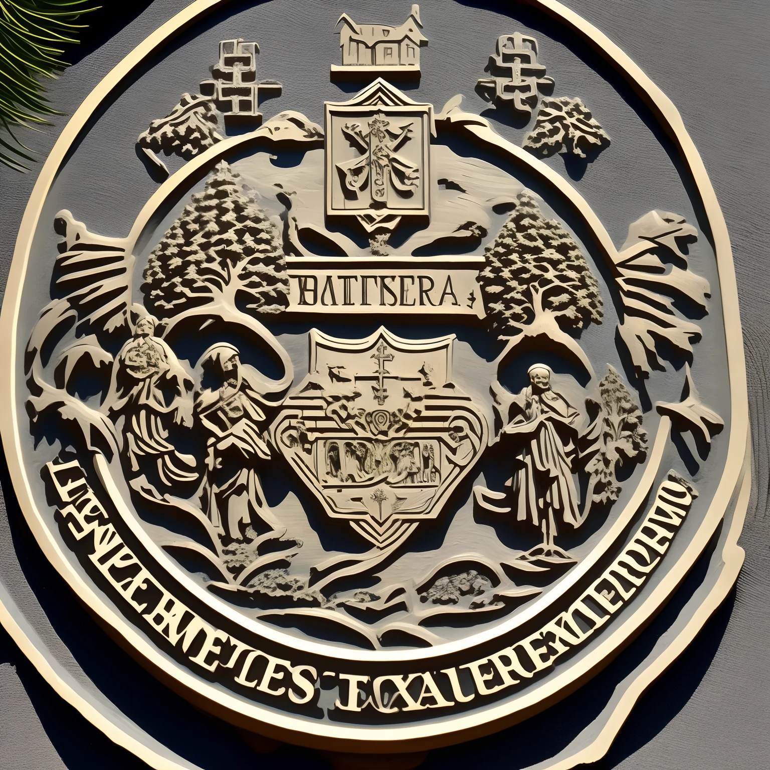 A family crest that has a pine tree in the center and two battleaxes cross guarding it