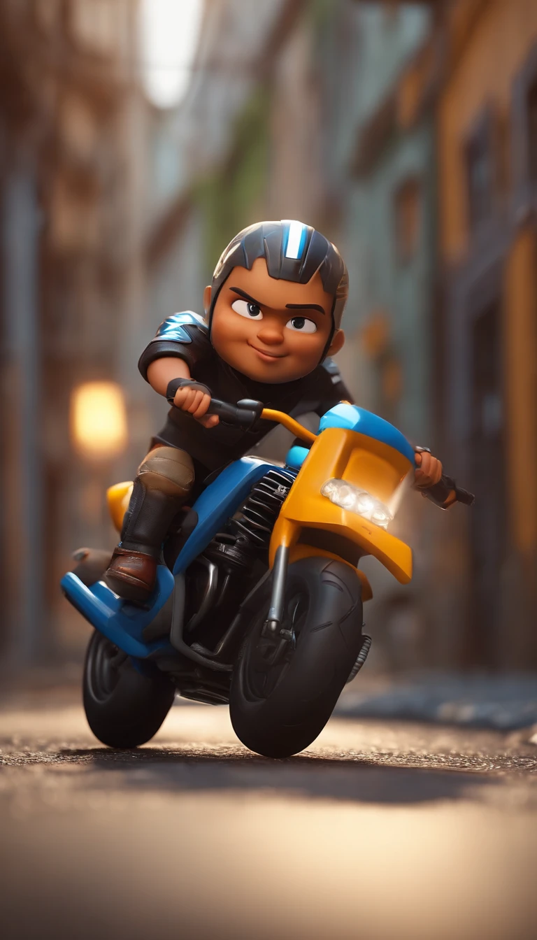 Estilo Chibi, homem brasileiro 3D, andando de moto, puxando um reboque cheio de placas de avisos, vista lateral, 12K, alta qualidade, HD, octane rendering, cinematic lighthing