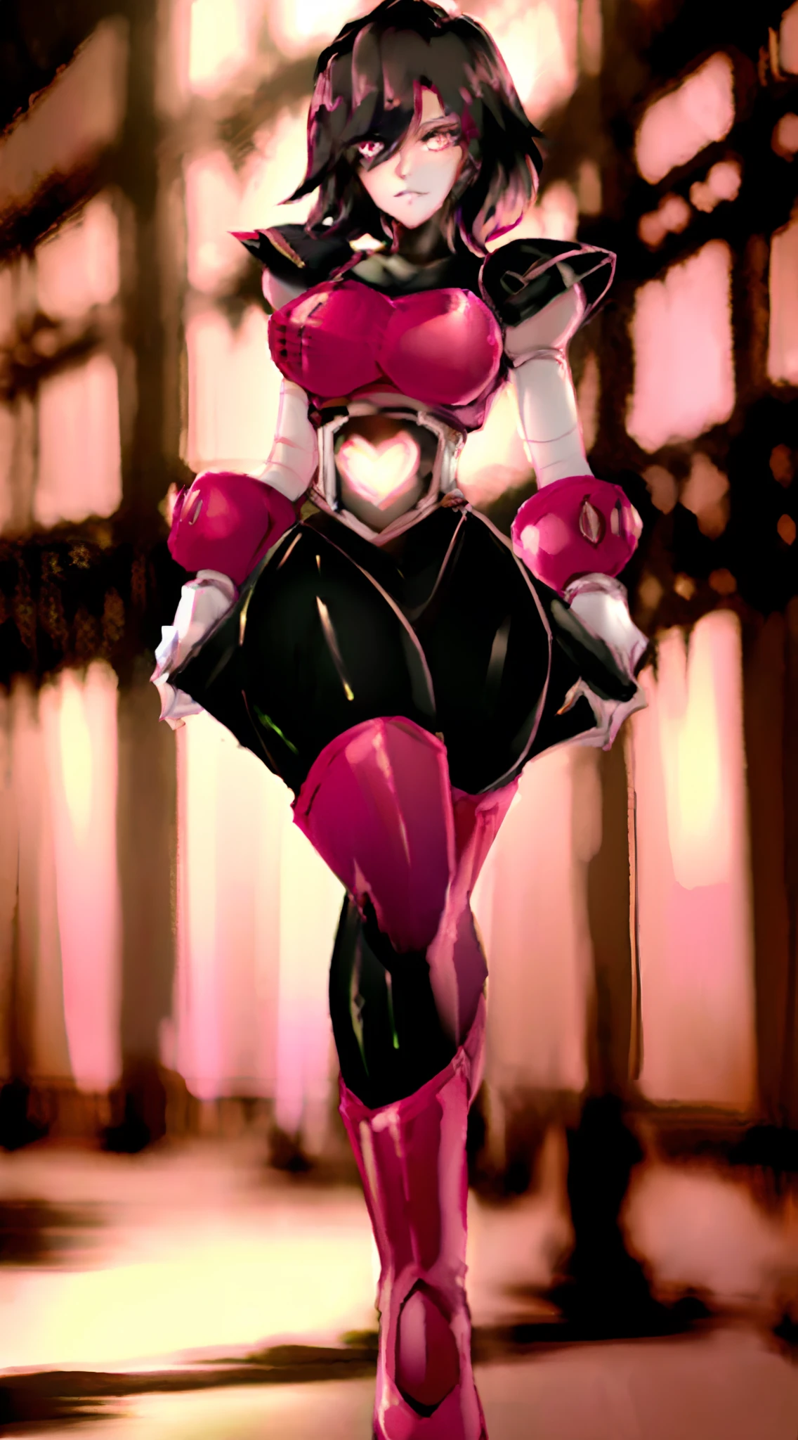 Ryuko Matoi wearing a latex Mettaton suit, right-fitting spandex, evening attire, heeled boots, hot pink heels, hot pink arm gloves, walking midday. (best quality,4k,8k,highres,masterpiece:1.2), ultra-detailed, (realistic,photorealistic,photo-realistic:1.37), HDR, UHD, studio lighting, ultra-fine painting, sharp focus, physically-based rendering, extreme detail description, professional, vivid colors, bokeh, portraits, gothic, vibrant color scheme, dramatic lighting, intense shadows.
