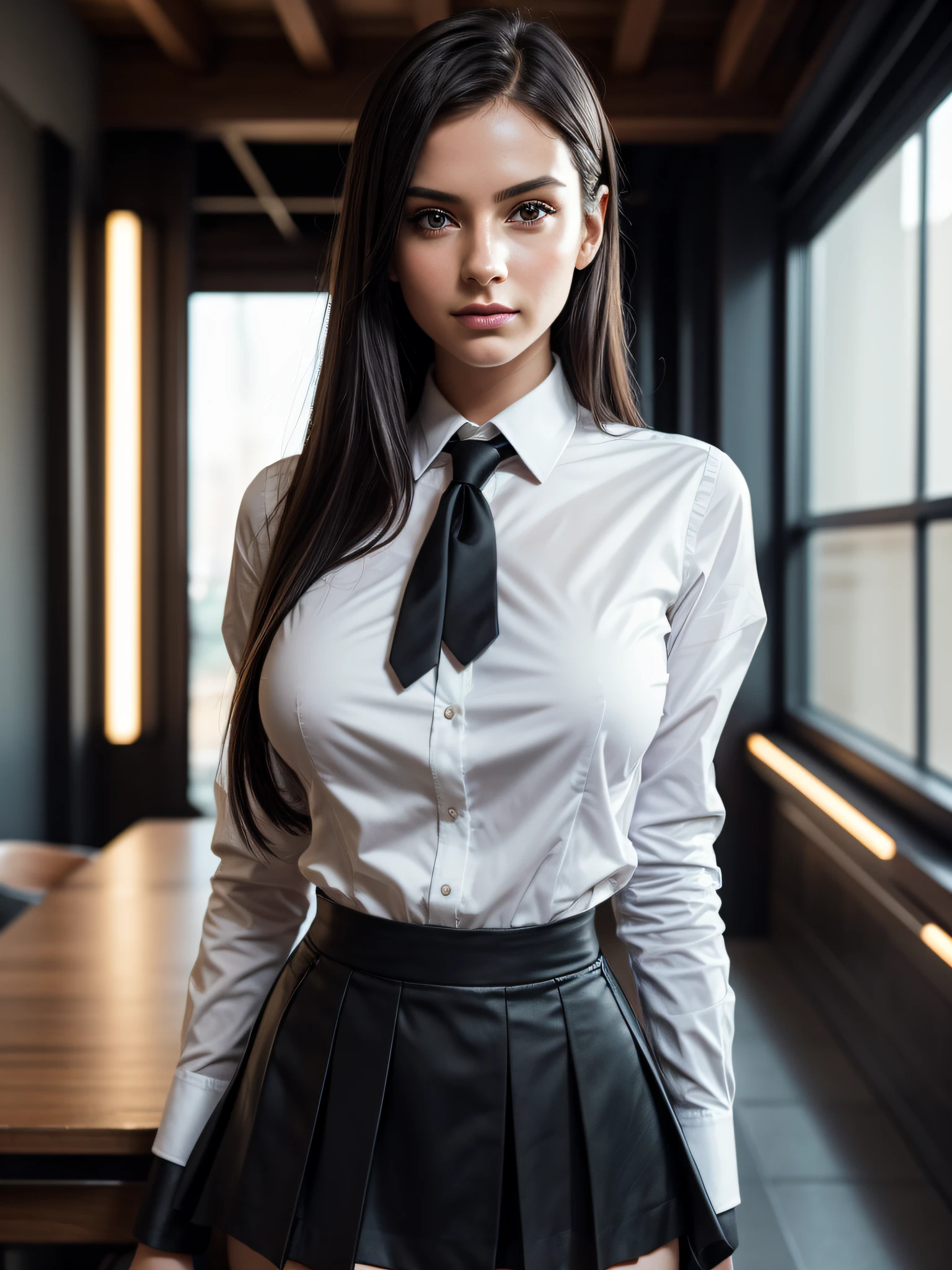 Professional whole body photo, (4K Photo:1.1) by (Jeremy Lipking:0.3), (Dittmann Anna:0.3), (Cecile:0.3), (sharp focus:1.3), high detail, Woman dressed as a schoolgirl, shirt, small black tie, black skirt, school, classroom, mid-hairlong, Instagram model pose, confident, skinny girl, medium breasts:1.2, perfect anatomy, perfect symmetry:1.2, realistic, realistic face:1.2, perfect face, happy, confident, very detailed, and dramatic, cinematic lighting, bright scene, soft lights,