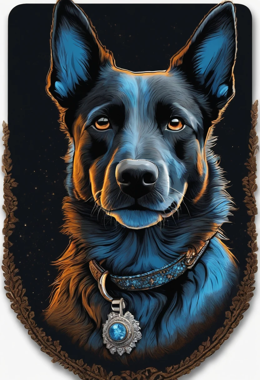 /imagine prompt: Illustration of blue heeler dog for a sticker with a black background, em negrito estilo de contorno, bordas irregulares, lixo, sombreamento claro --v 5.2