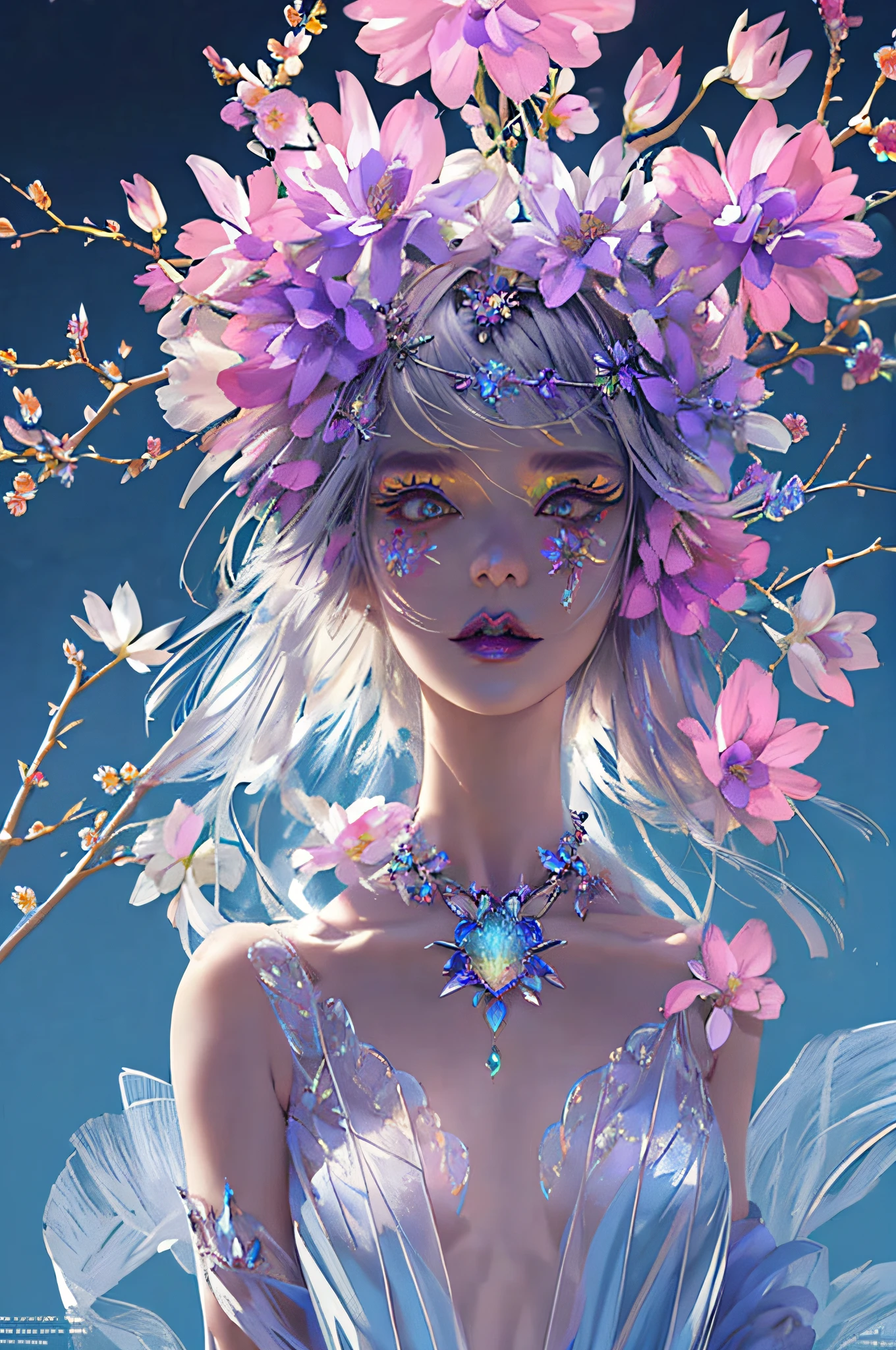 ((masterpiece)), (best quality), official art, extremely detailed CG, unity 8k wallpaper, ultra detailed, fashion_girl, colorful hair, jewelry, flower, bold makeup, silver theme, deep shadow, dimly lit, shade, portrait, (upper body:1.5), (full body:1.5),