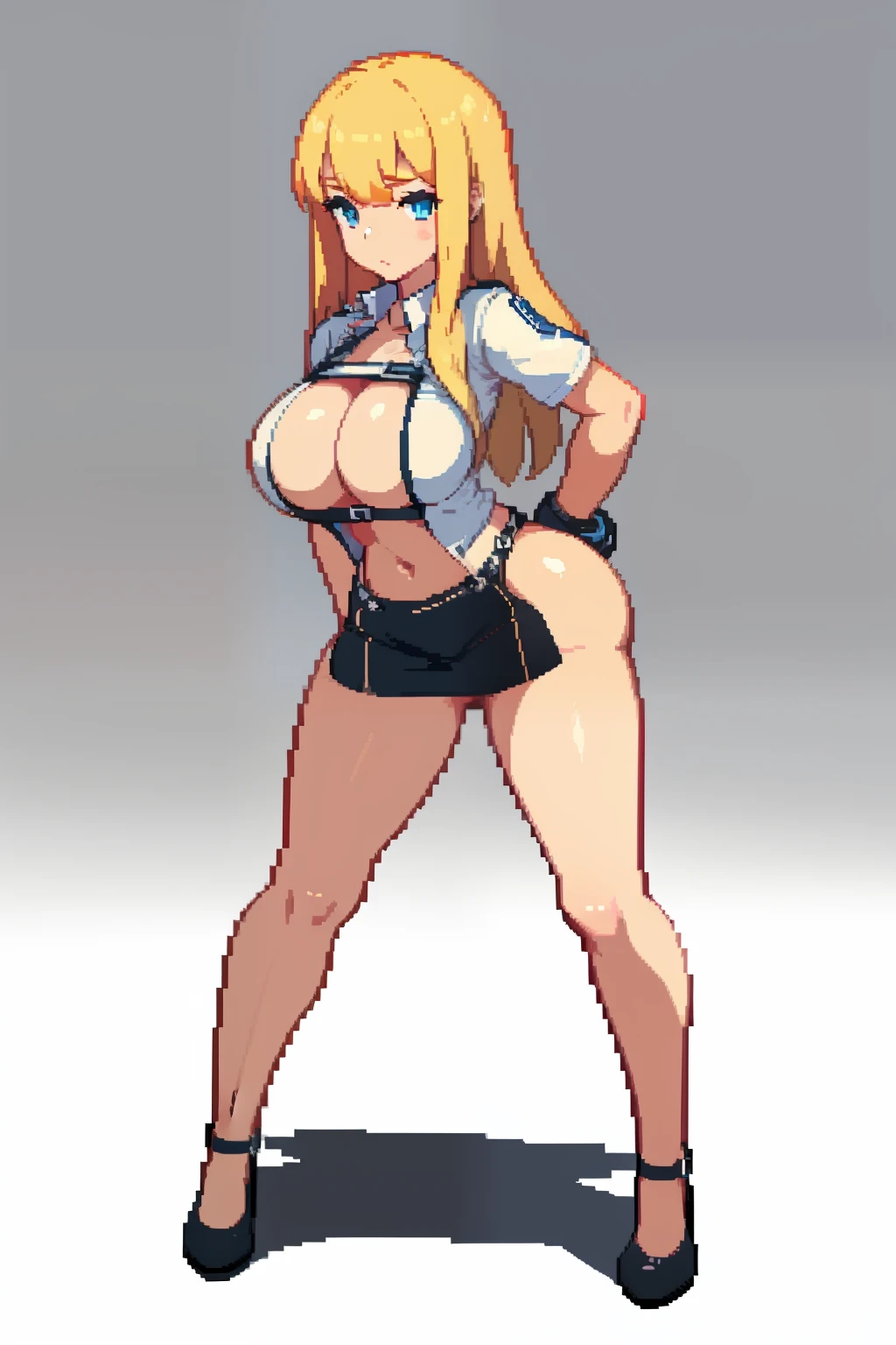 1girl, blonde, sexy, big boobs, office outfit, white liquid in body, white liquid, office girl, prostitute, chain, full body, bent over, (pixel, pixel art)