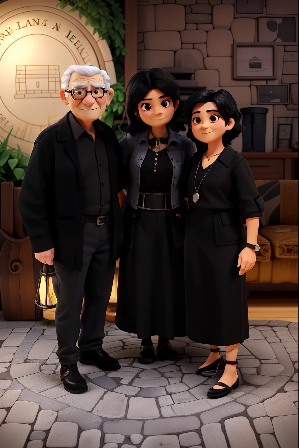 A wise old man with short black hair wearing a black shirt and jeans, uma menina jovem linda de cabelo preto longo vestida com roupa de formatura, A wise old woman dressed in a black dress, illuminated by the light of a lamp
