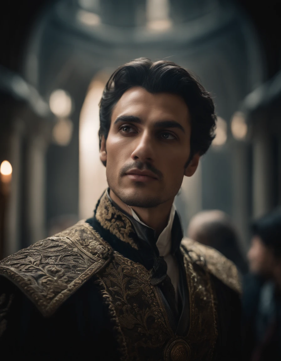 Cinematic portrait, ((upper body)), facing the audience, (Reality :1.3), the world's most beautiful artwork photo, a man looking into the camera, Gothic costume, detailed beautiful face, action shot, (Intricate :1.4), simple background, global lighting, photorealistic, CG, Art Station