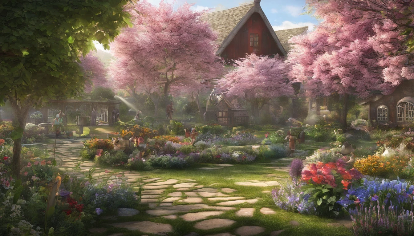 Together with the shining sun, it creates a realistic landscape of a beautiful flower garden. paradise