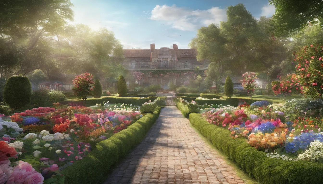 Together with the shining sun, it creates a realistic landscape of a beautiful flower garden. paradise