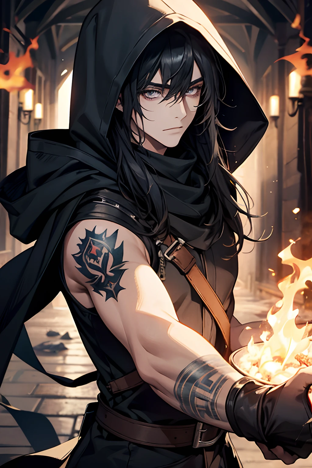 male, aldult, mature face,Medium long hair with bangs, black hair, blue gray eyes, beautiful, rogue, crazy, giggle, playing with fire, tattoo, Naked arms , Hooded scarf, middle Ages