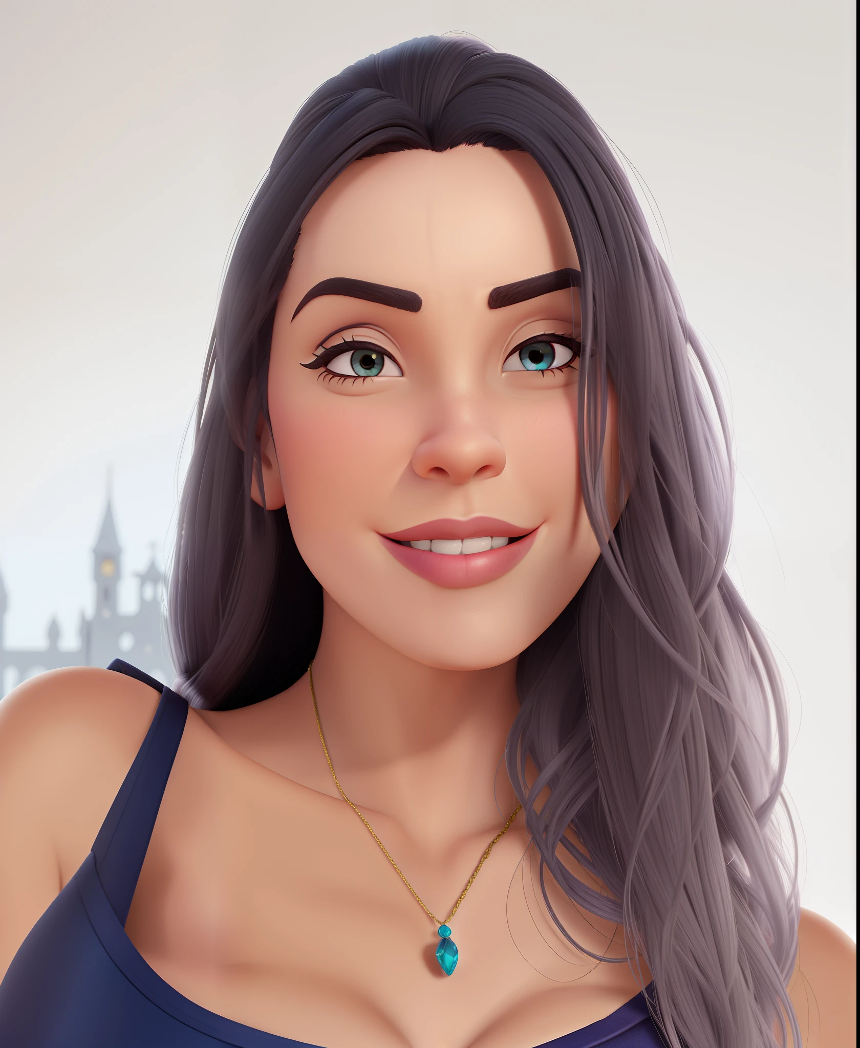 Foto estilo personagem Disney, Villain, mulher de cabelos pretos e longos, malvada, fundo de castelo assombrado
