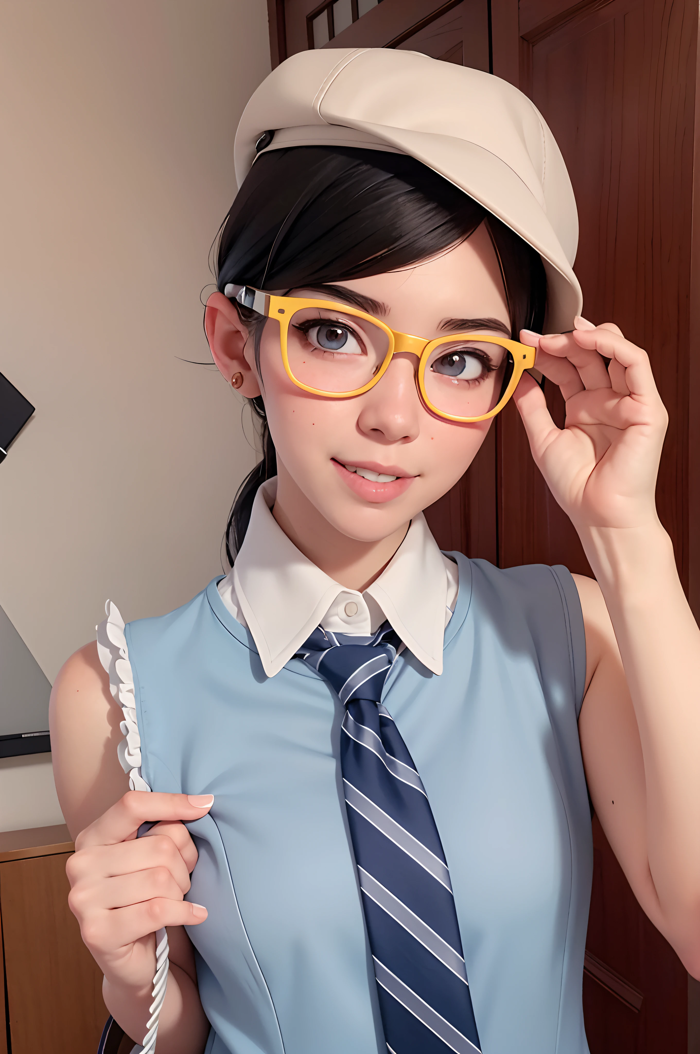 there is a woman wearing glasses and a hat and a tie, anime girl cosplay, magical school student uniform, with glasses, nerdy appearance, belle delphine, with square glasses, professional cosplay, anime cosplay, japanese girl school uniform, cute slightly nerdy smile, nerdy, nerdy glasses, hyperrealistic schoolgirl, smooth white tight clothes suit, high quality costume, glasses glasses