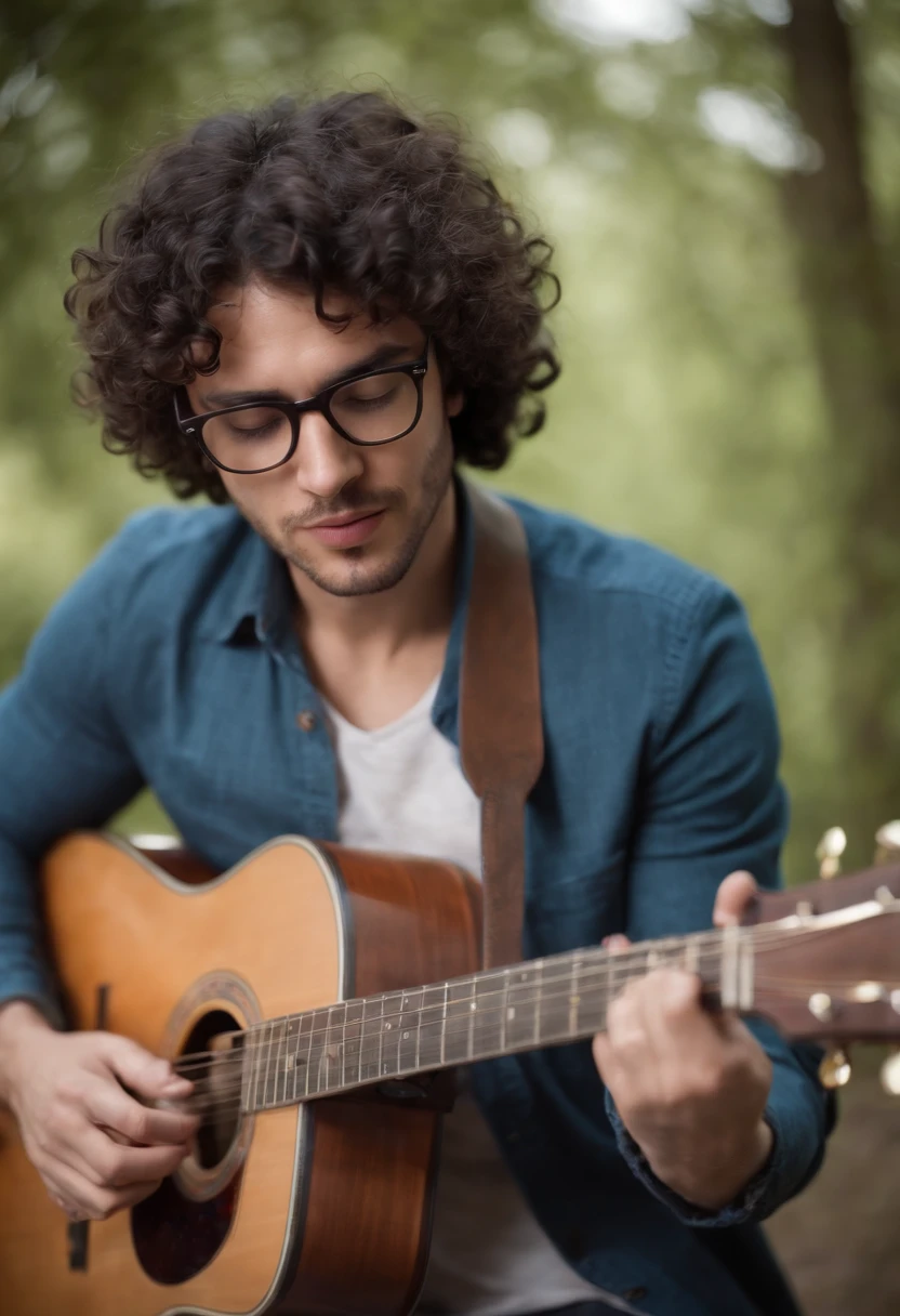 Black curly haired man with glasses playing guitar