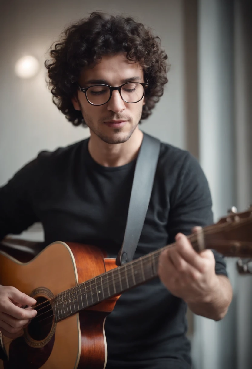 Black curly haired man with glasses playing guitar