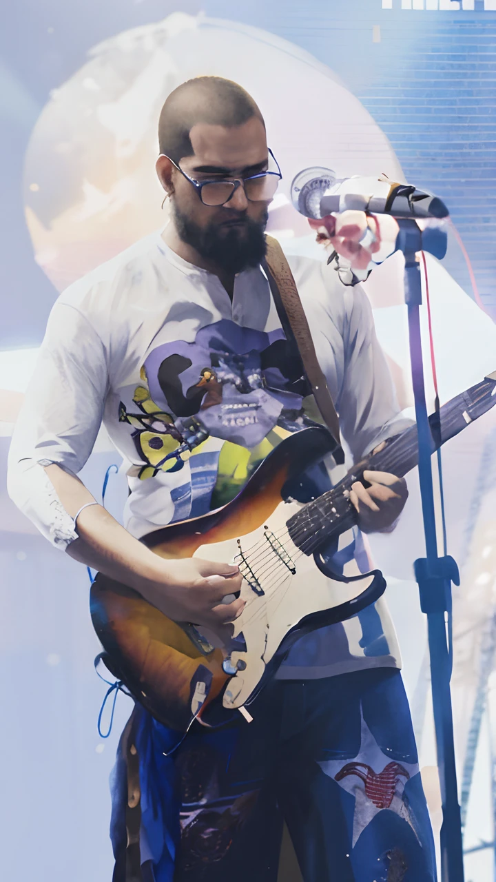 There's a man who's playing guitar on stage, tocando guitarra no palco, Detalhe perfeito, foto do concerto, Josh Grover, eric parker, Mexer, adam varga, Bryan Lee O'Malley, Alexandre Rostov, Chris Escaldo, muitos detalhes, Zack da Rocha, Executar, Homem de 26 anos