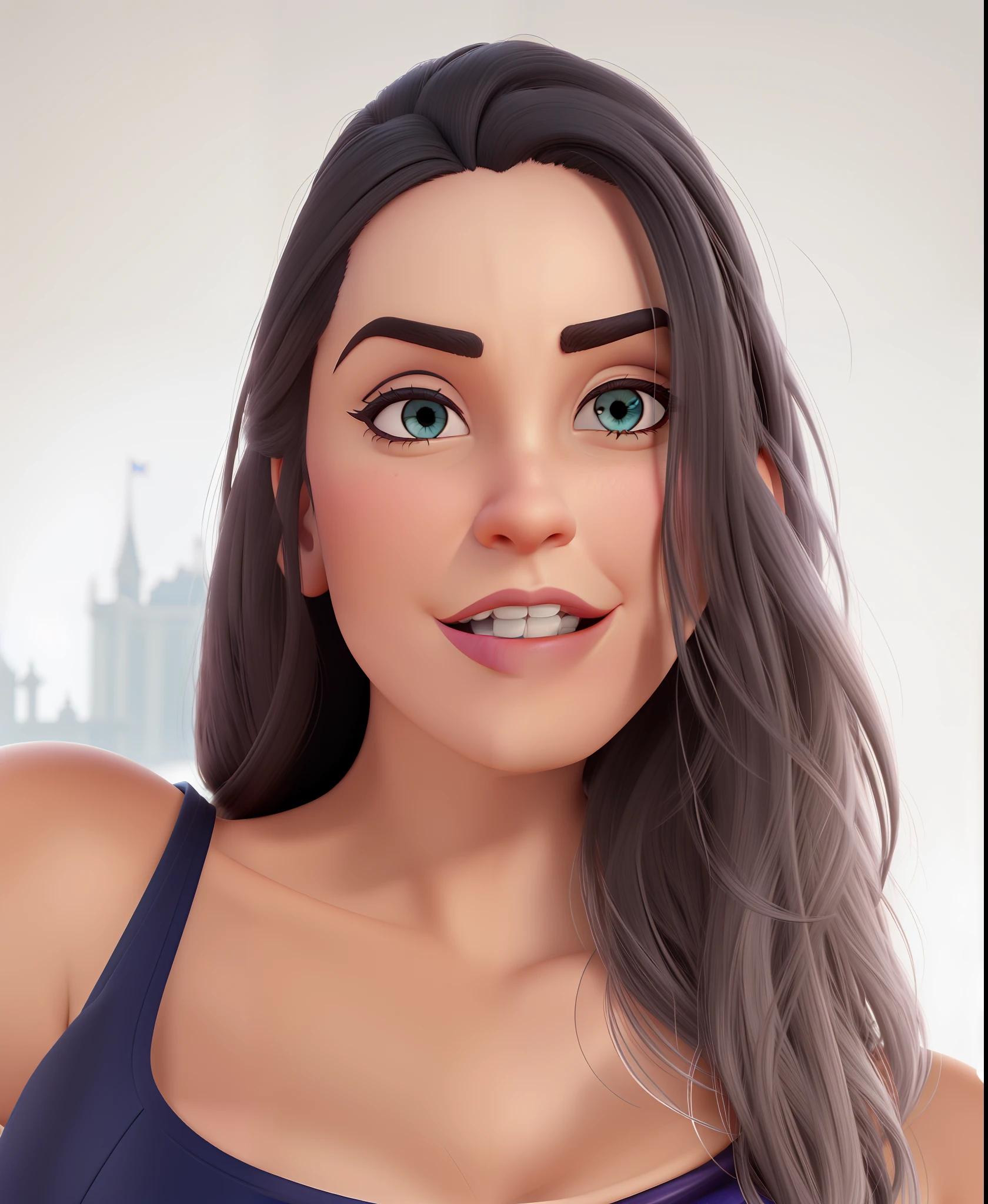 Foto estilo personagem Disney, Villain, mulher de cabelos pretos e longos, malvada, fundo de castelo assombrado
