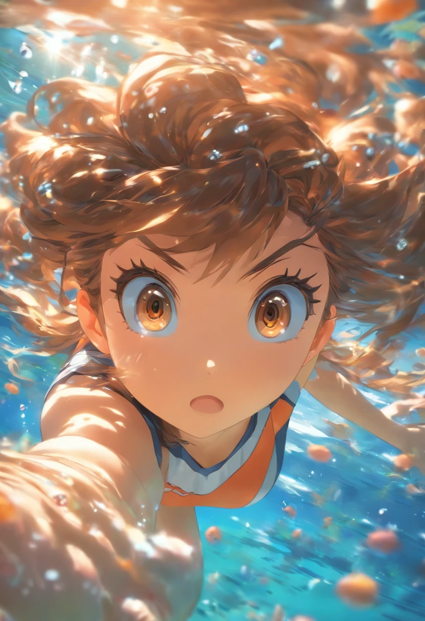 foreshortening, Depth of field, Masterpiece, Best quality, 1girll, Brown hair, Brown eyes, Long hair, Underwater, airbubble, Solo, view the viewer, School swim wear, Swimming, Dappled sunlight,
