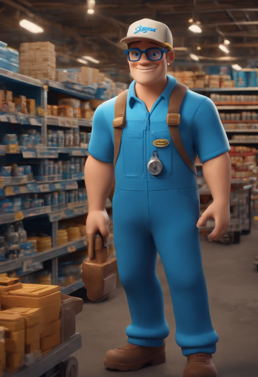 young character, mechanic style, wearing a blue jumpsuit, 3d mascot, disney pixar style, wearing a blue cap, wearing protective glasses, in the background a hardware store with a blurred scene. mascot in the foreground in high quality