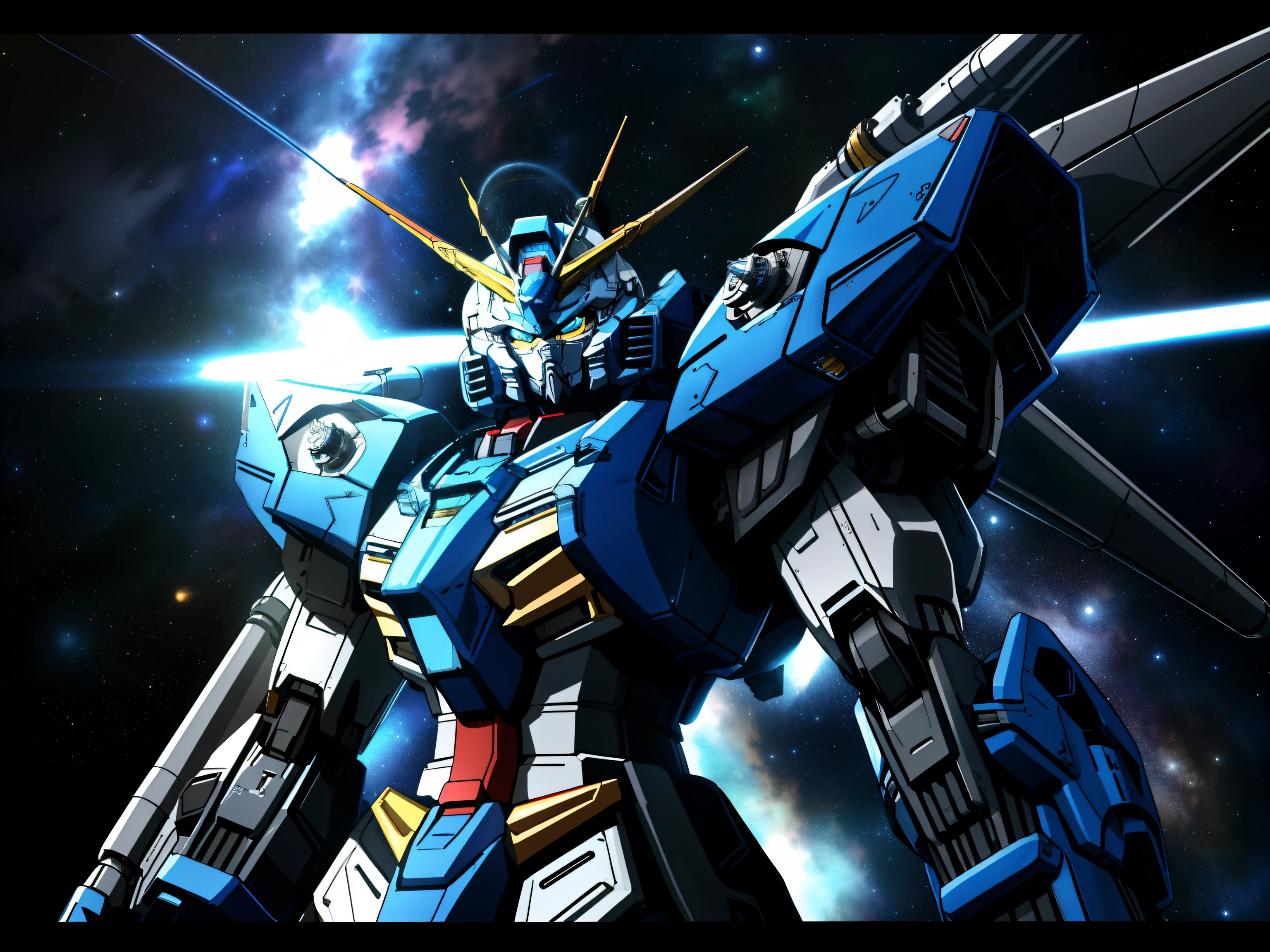 Mobile Suit Gundam、(cyborgs:1.1)、([tailed | Detailed wire]:1.3)、(About Gunffsw、(intricate-detail、hyperdetails:1.2)、Cinematic shots、Mobile Suit Gundam、vignettes、cosmic space、Jet engine on the back、Equipped with an autocannon on the back、