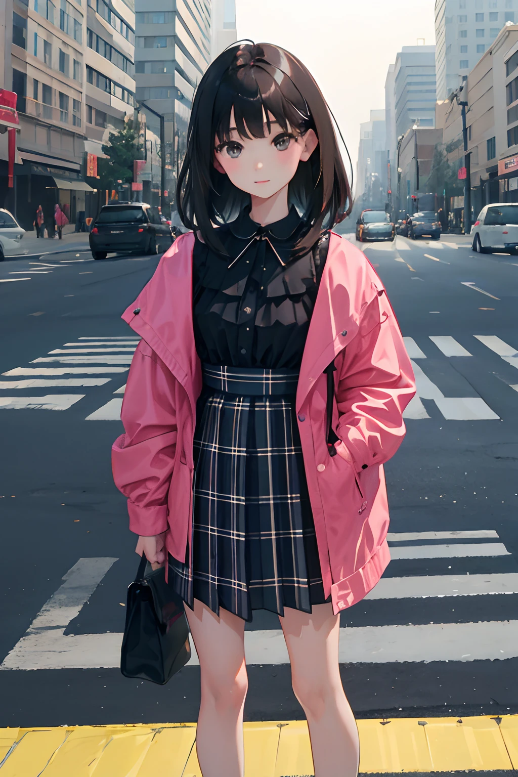 (),(masterpiece,Highest Quality),Black blouse,plaid skirts,Bag,A dark-haired,crosswalk