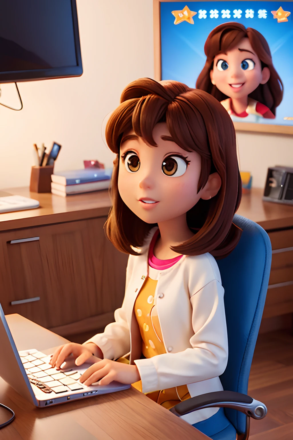 Disney Pixar Movie Woman 40 Years Old Straight Brown Hair Covers In An Office Sitting Computer Working With Tourism Brown Eye Light Skin