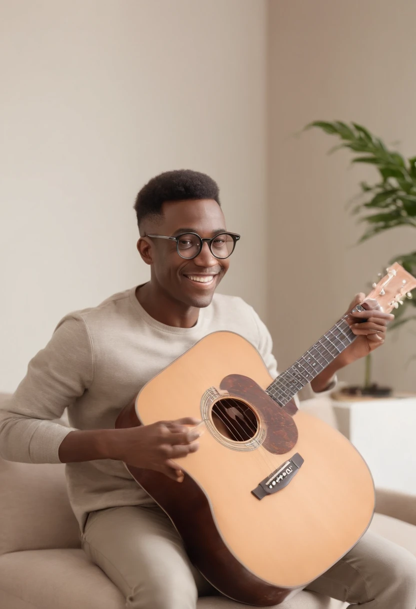 3D Pixar Animated Poster, A 25-year-old looking man, pele clara, cabelo preto, curto e cacheado, Round Glasses with Silver Iron Frame, olhos castanho escuro, orelhas pequenininhas, rosto magro e fino, camiseta preta, beige pants, White Nike Whole Shoes, Smiling Playing Guitar Sitting On Chair, Scenery with beige background