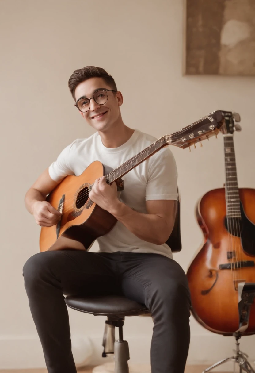 3D Pixar Animated Poster, A 25-year-old looking man, pele clara, cabelo preto, curto e cacheado, Round Glasses with Silver Iron Frame, olhos castanho escuro, orelhas pequenininhas, rosto magro e fino, camiseta preta, beige pants, White Nike Whole Shoes, Smiling Playing Guitar Sitting On Chair, Scenery with beige background
