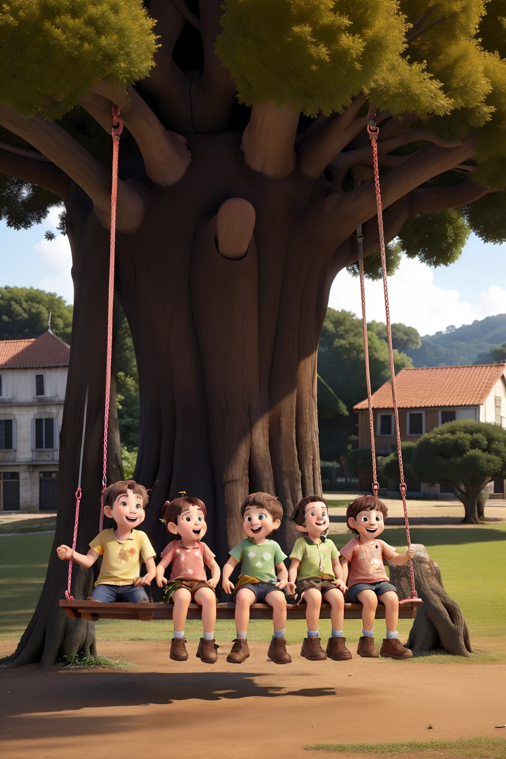 Happy kids swinging on swings. In the central image there are 4 swings with 1 child for every 1. E as outras estao apenas brincando ou cotrendo atras. elas usam camisas cor beje, gravatas vermelhas escuras, e blazers cinzas, e botas marrons. as meninas estao de saia e os meninos estao de short. Estilo capa de filme. The name of the film is: quando eu crescer
