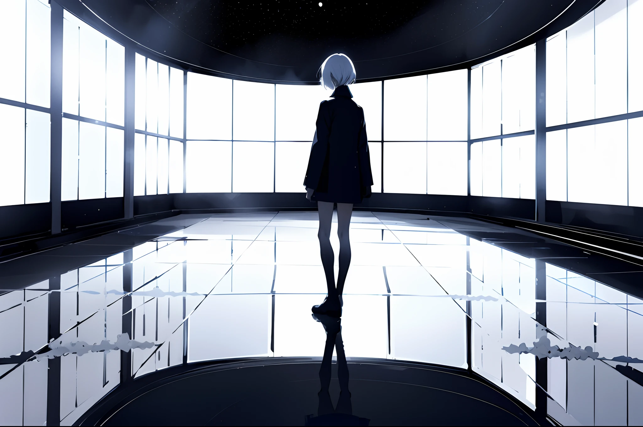 Absolutely blank white area, Standing quietly in the middle of empty glass area, the space is completely made of mirrors, the reflection of the girl in each mirror, the trap of mirrors, Extreme Wide Shot, Anime style, High Resolution (4k or higher), distant view