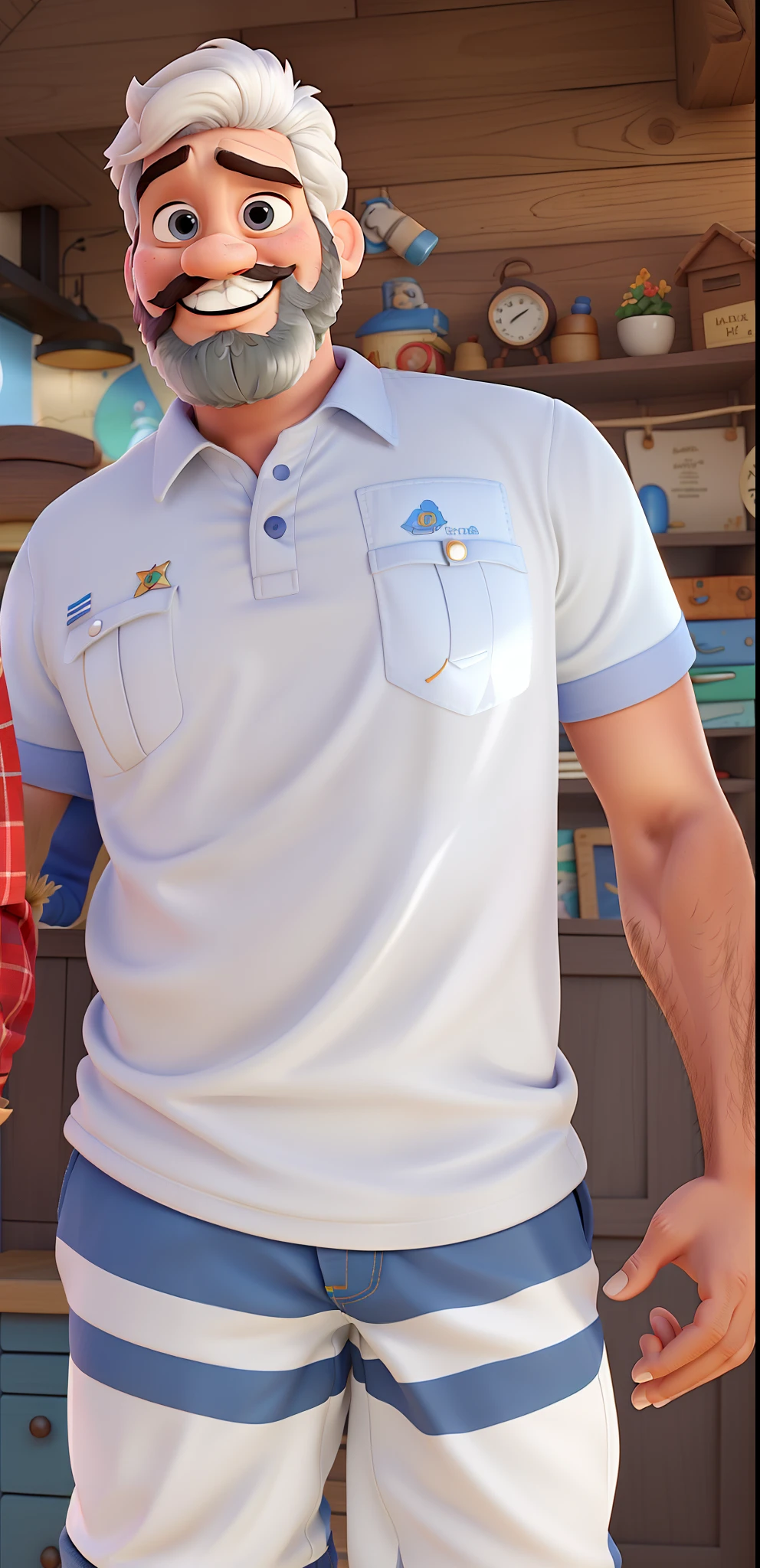 Um homem estilo disney pixar, com barba e bigode, com um bone branco alta qualidade, melhor qualidade