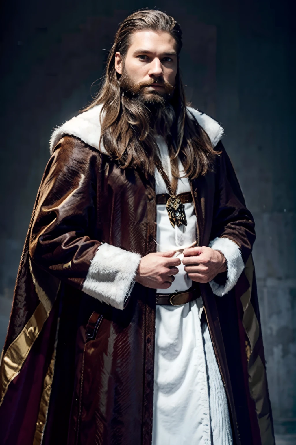 White viking man with rich noble clothes, fur cape, and beard