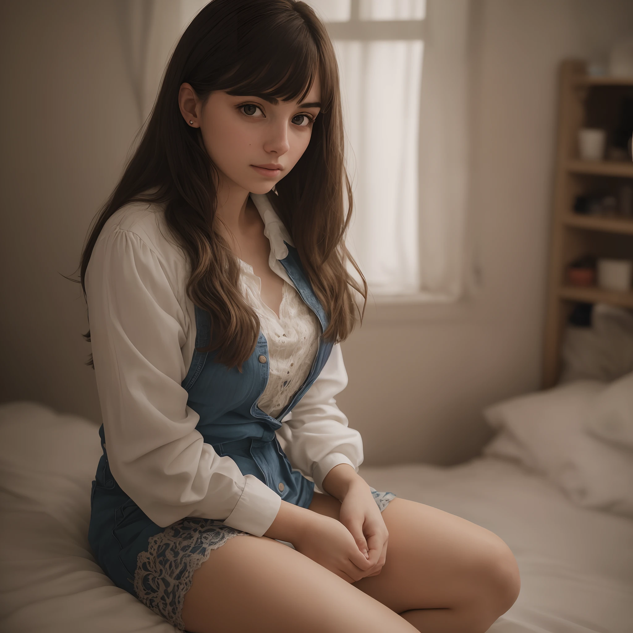 Portrait of a 25-year-old brunette woman in a clean room at night, sitting, not showing her hands, sharp facial features, Cinematic, 35mm lens, Highlight lighting, Global lighting -in double hand, f/1.8