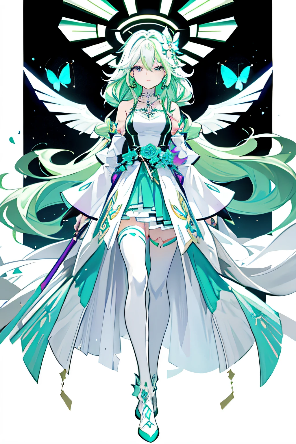 (Masterpiece, Best Quality: 1.4), Detailed Background, White Crystal, Crystal Cluster, Long Hair, Jewelry, Earrings, Necklace, Bride, ((green Hair)), Halo, (Overlook), Dynamic Angle, Ultra Detailed, Illustration, Close Up, Direct Look, 1girl, (Fantasy: 1.4), (Purple Eyes: 1.233), Her Eyes Shine Like Dreamy Stars, (Glow Eyes: 1.233), (Beautiful and Delicate Eyes: 1.1), (green Hair: 1.4), (Messy Hair, Very Long Hair, French braids, hair between the eyes, side hair), (+(white hair flower: 1.14)), (chiffon dress, uniform white flower pattern)/= (military uniform: 1.24), (fingerless gloves), choker, (miko thighhighs), high heeled boots, (expressionless, shut up), (standing), (classical princess boudoir with dresser floor-to-ceiling windows white ancient palace), (white flowers, blooming),(Ruins),(Night:1.2),dreamy,Soul,(fluorescent),(Flying Translucent Blue Butterfly:1.15),[Delicate Fingers and Hands:0.55]::0.85], (Finger Detail), (Yubao:0.5),((white background)),((full body)),((turquoise hair)),green hair,((green hair)),